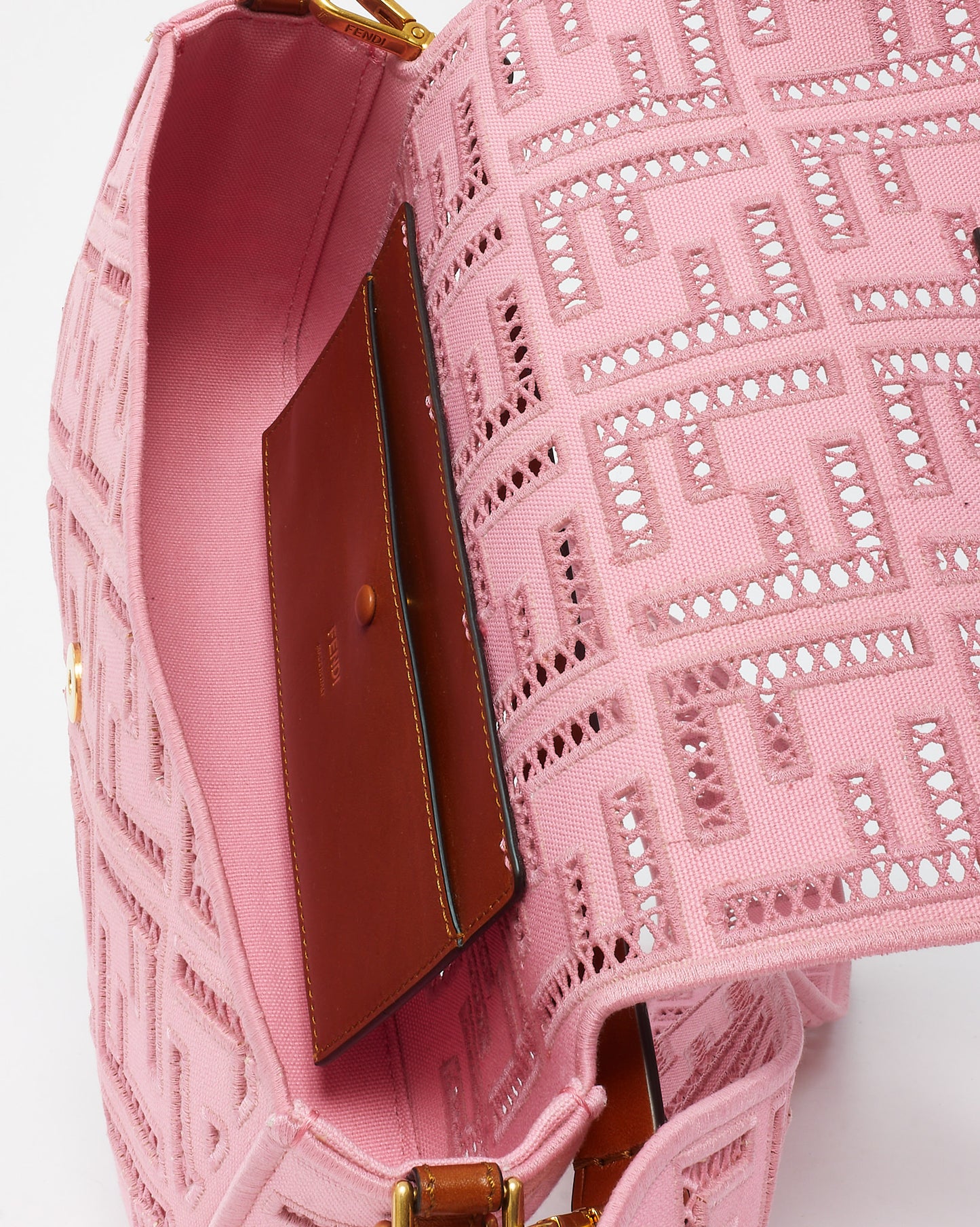 Fendi Pink Embroidered and Perforated Canvas Openwork FF Medium Baguette Bag with Strap