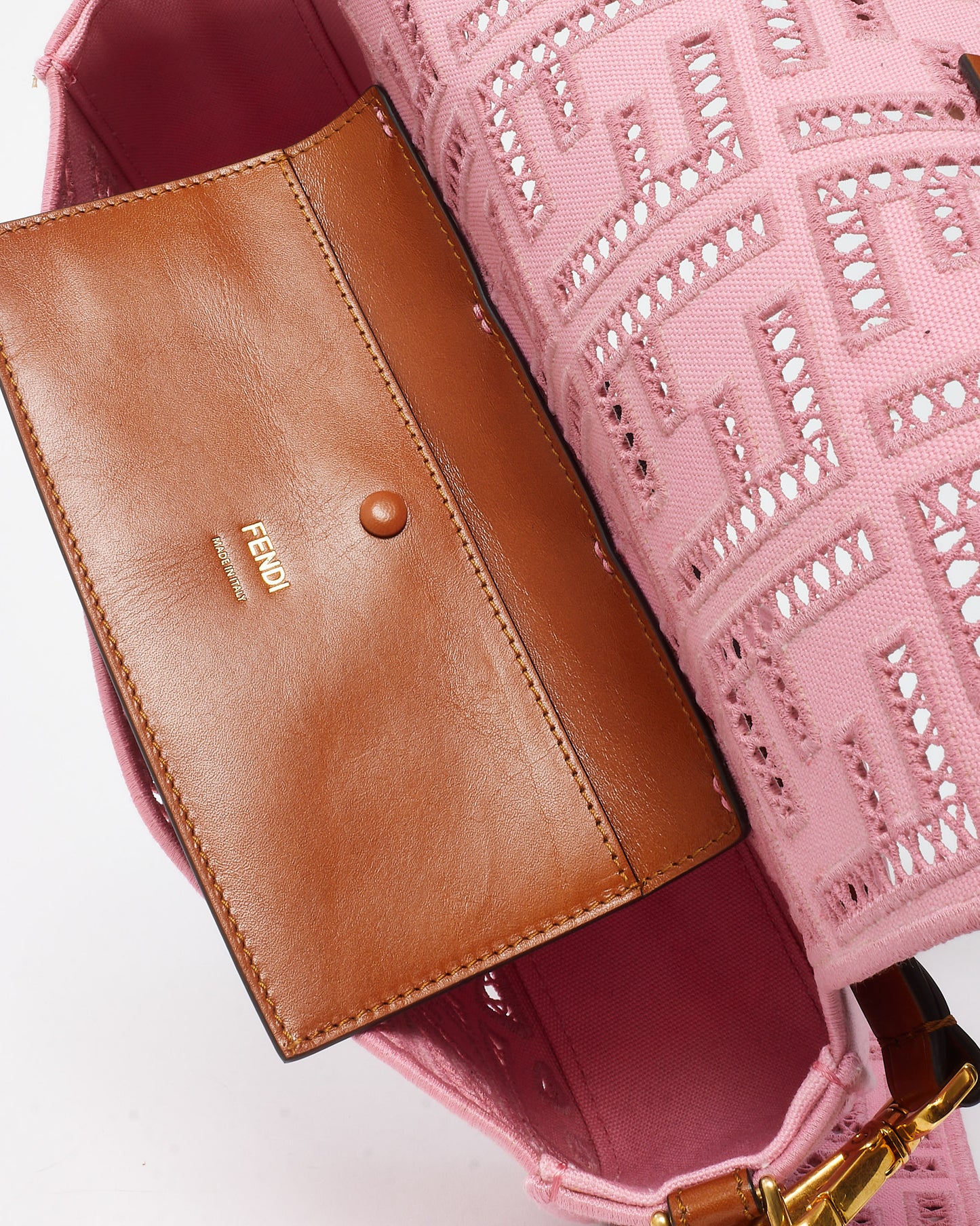 Fendi Pink Embroidered and Perforated Canvas Openwork FF Medium Baguette Bag with Strap