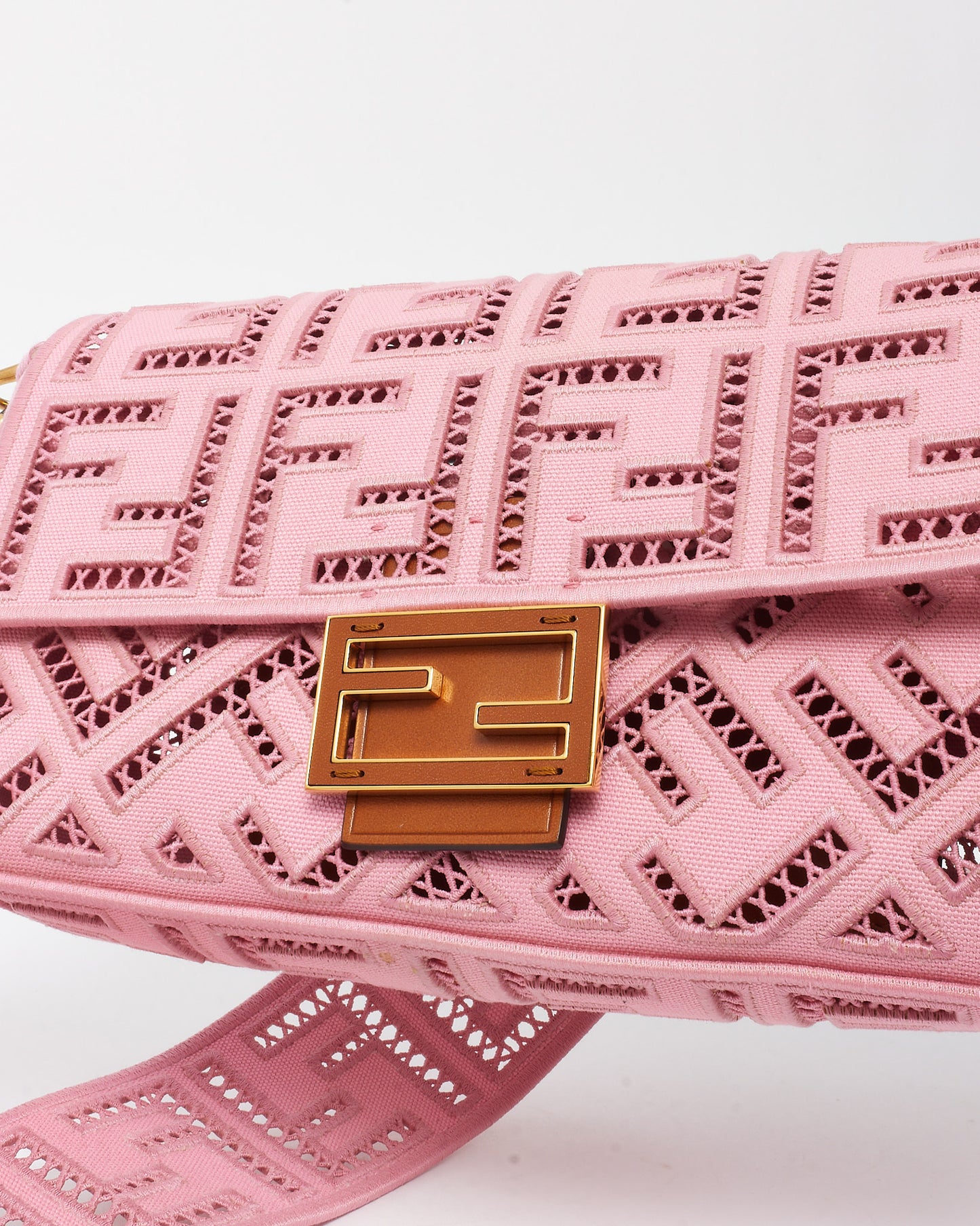 Fendi Pink Embroidered and Perforated Canvas Openwork FF Medium Baguette Bag with Strap
