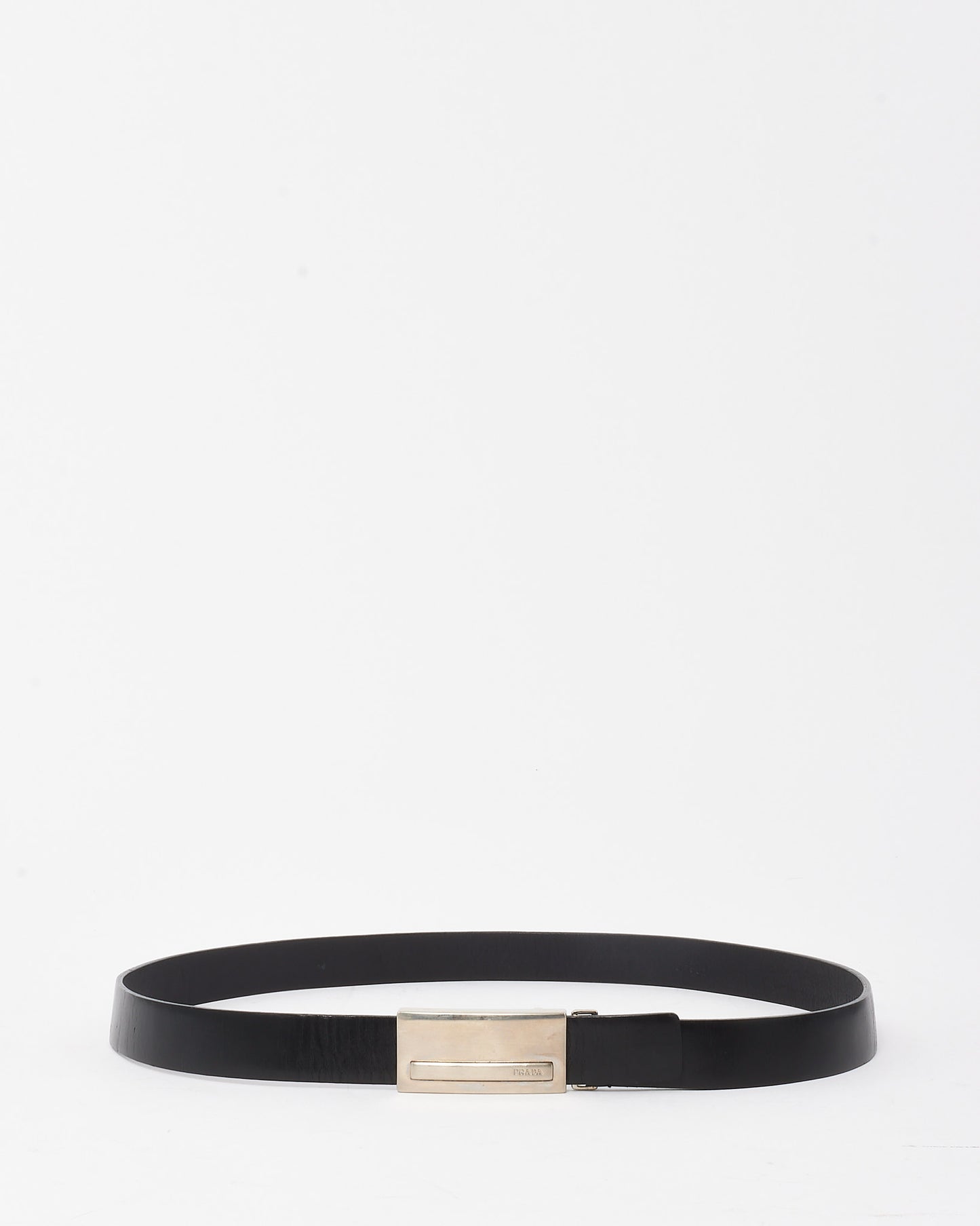 Prada Vintage Black Leather Silver Logo Buckle Slider Belt - 80