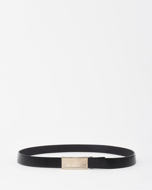 Prada Vintage Black Leather Silver Logo Buckle Slider Belt - 80