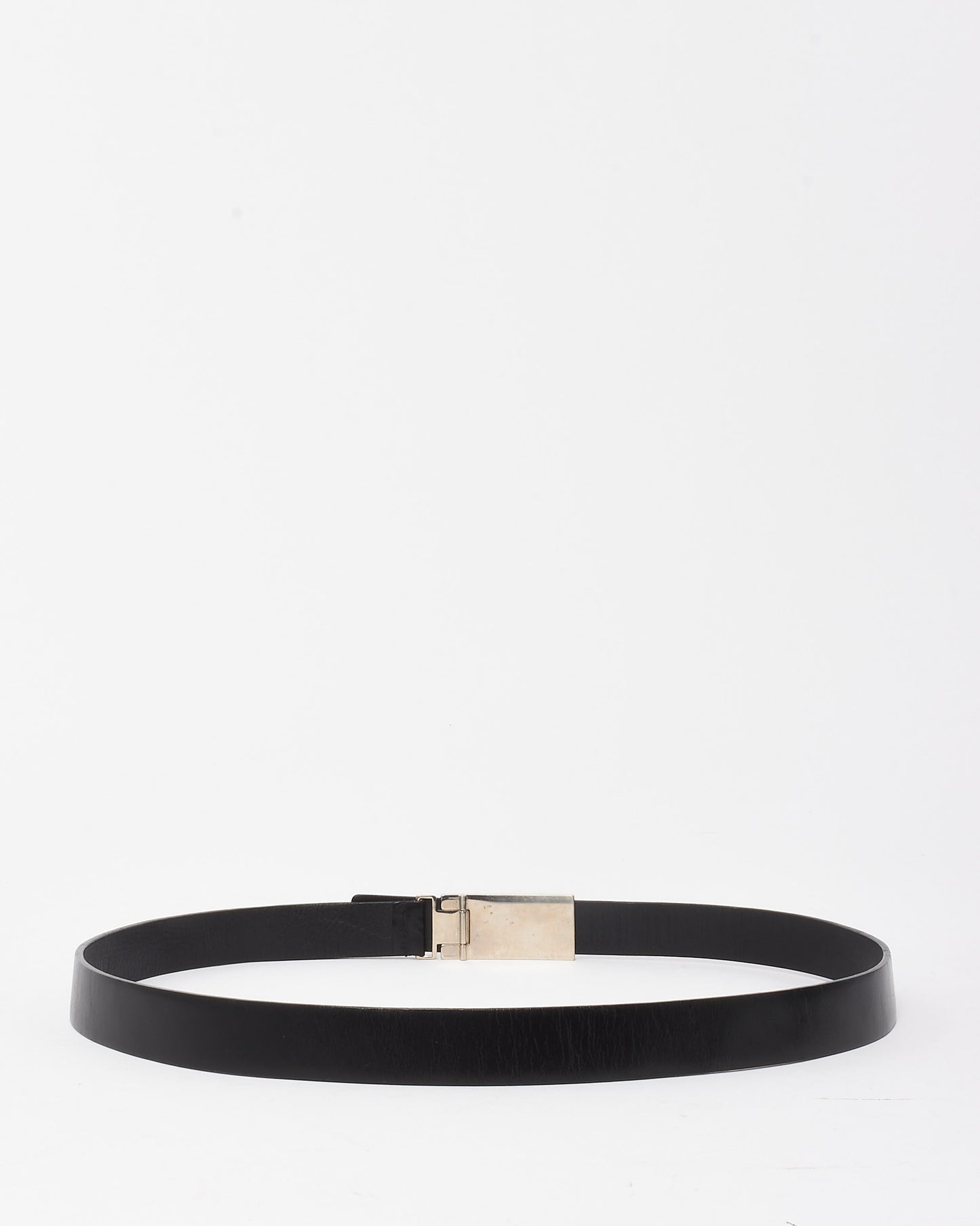 Prada Vintage Black Leather Silver Logo Buckle Slider Belt - 80