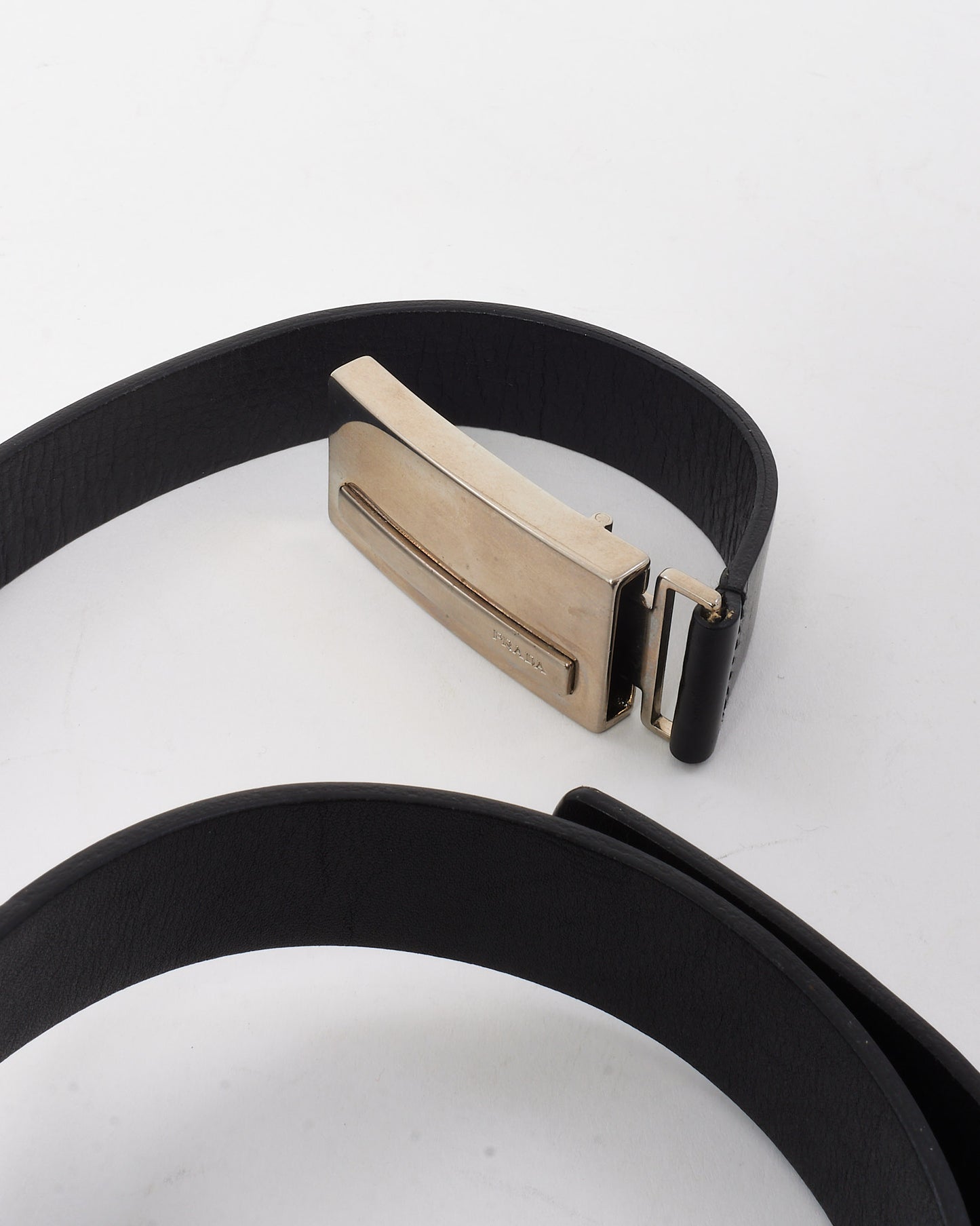 Prada Vintage Black Leather Silver Logo Buckle Slider Belt - 80