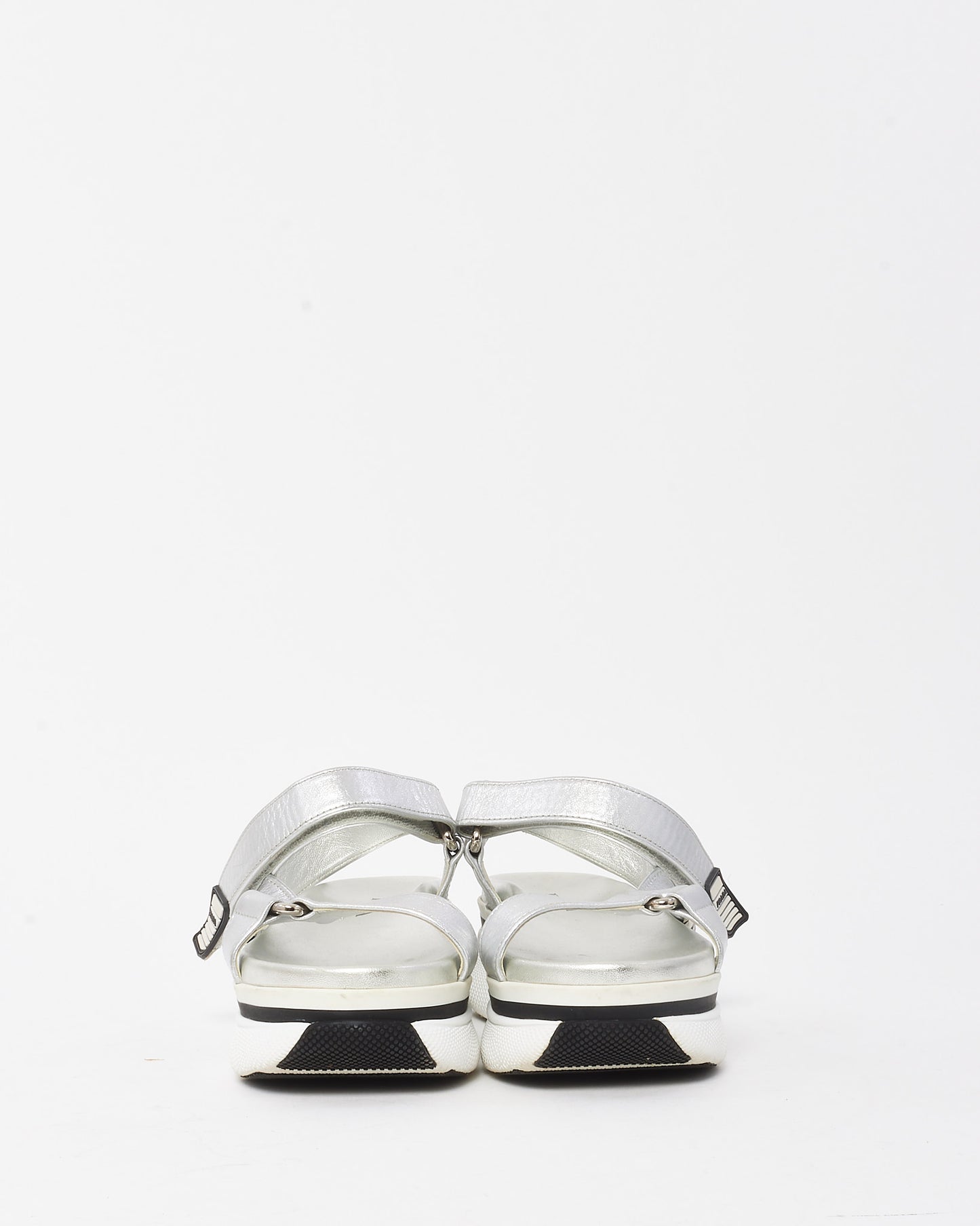 Prada Metallic Silver Leather Platform Velcro Sandals - 38