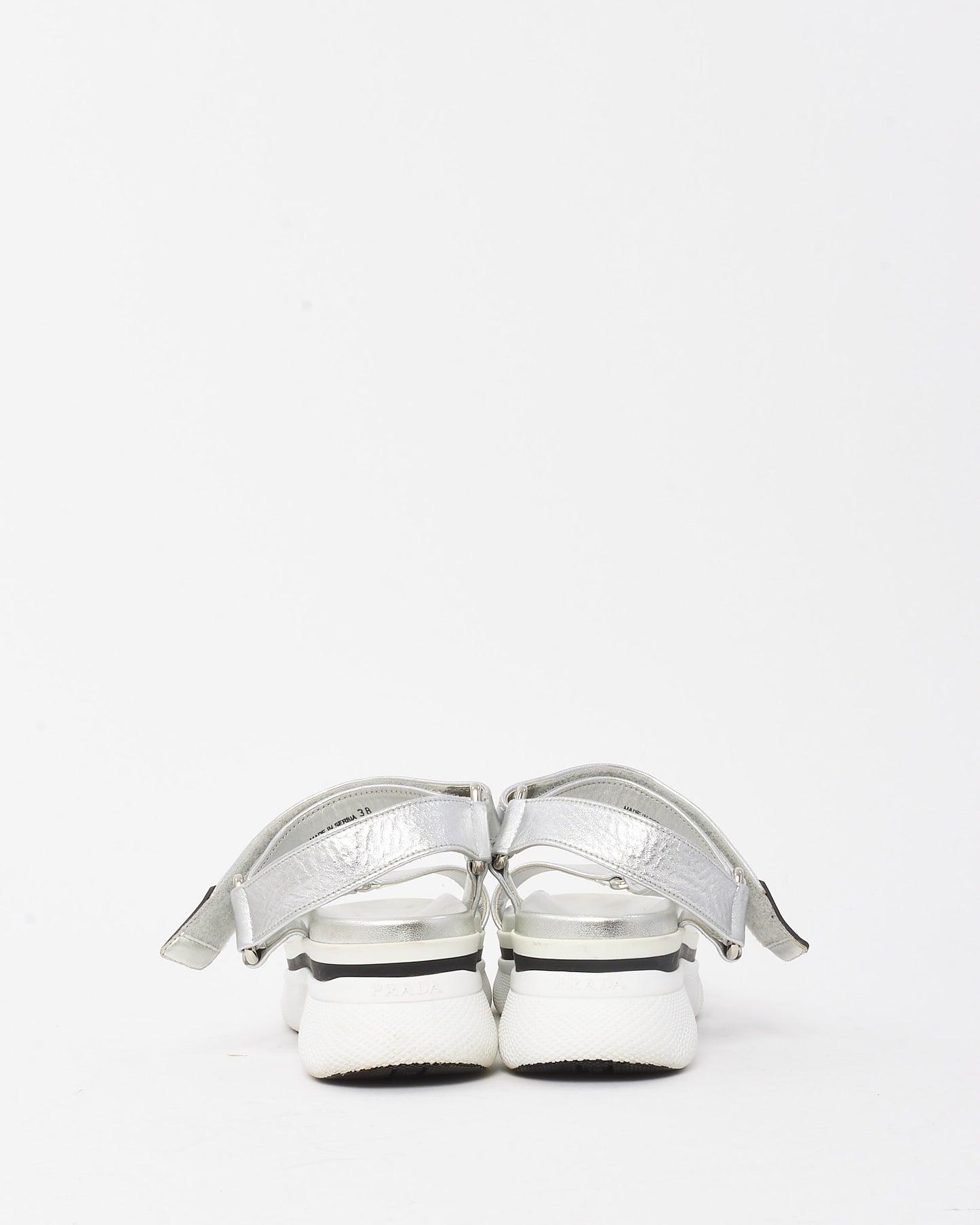 Prada Metallic Silver Leather Platform Velcro Sandals - 38