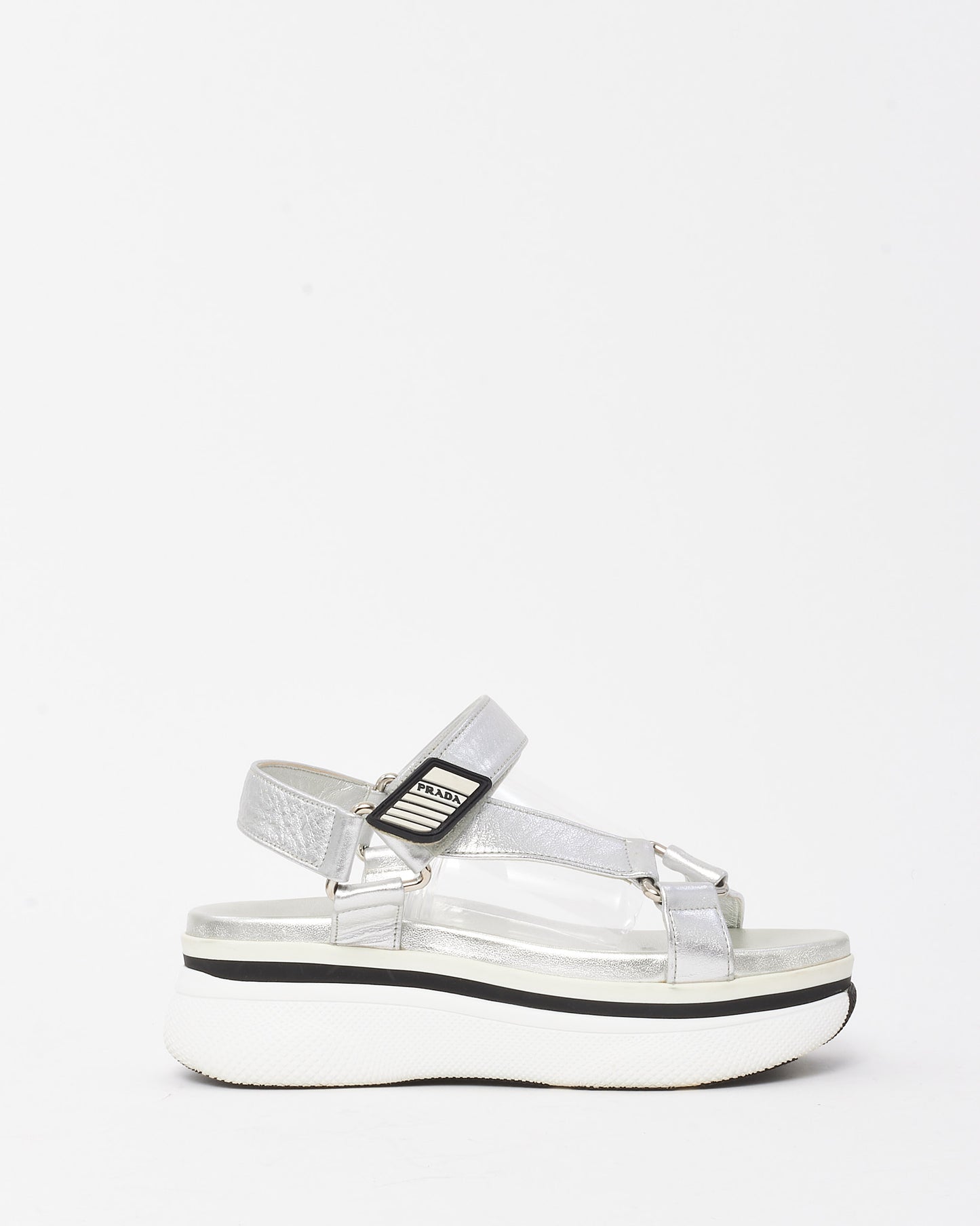 Prada Metallic Silver Leather Platform Velcro Sandals - 38