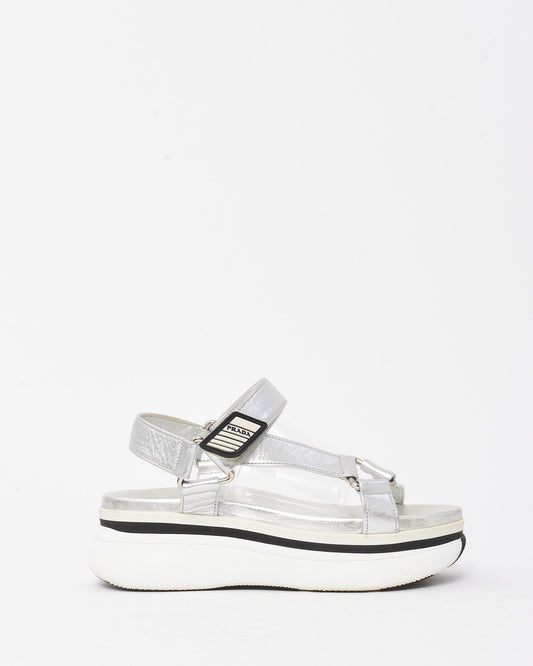 Prada Metallic Silver Leather Platform Velcro Sandals - 38