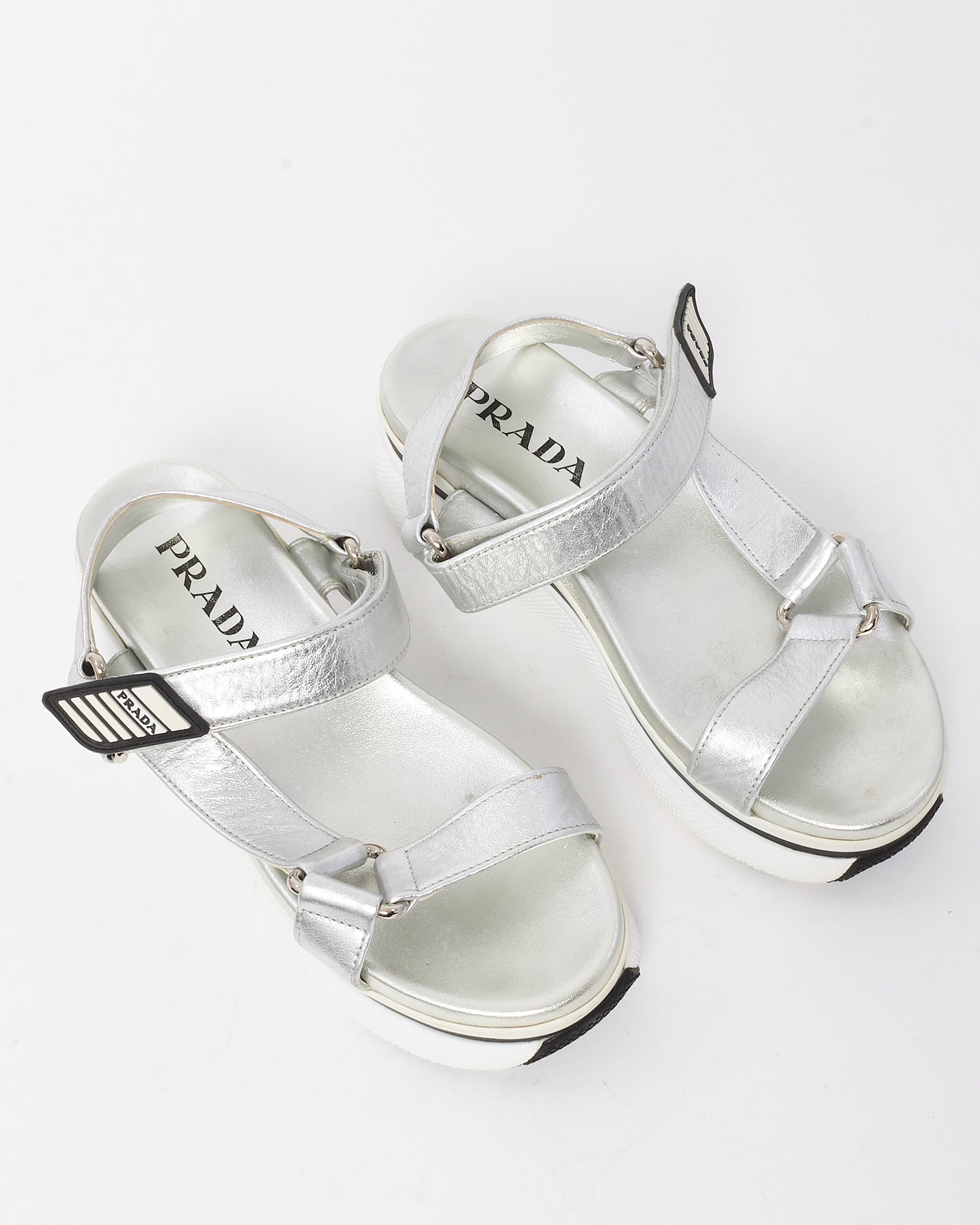 Prada Metallic Silver Leather Platform Velcro Sandals - 38