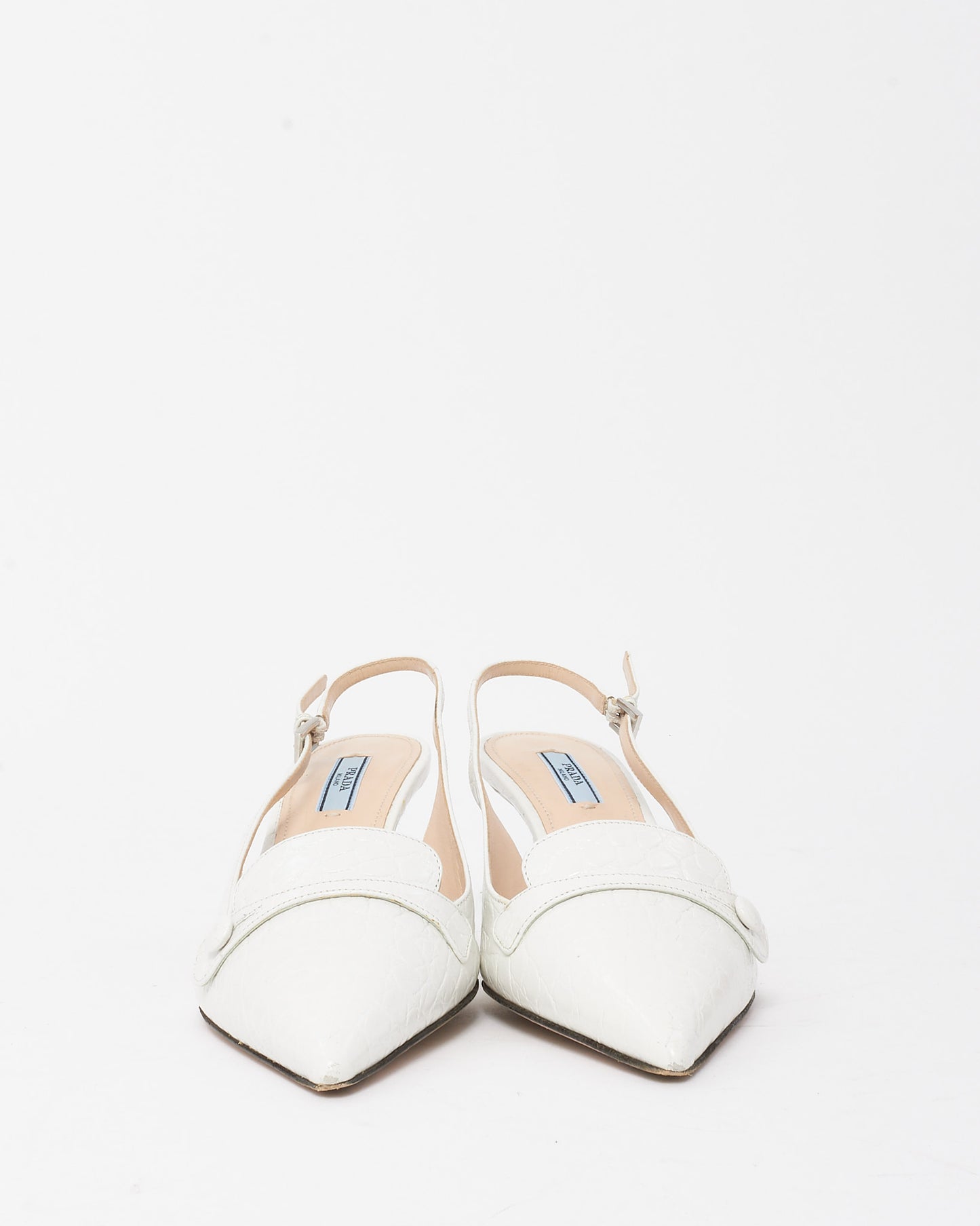 Prada Vintage White Croc Embossed Leather Slingback Pointed Toe Heels - 38.5