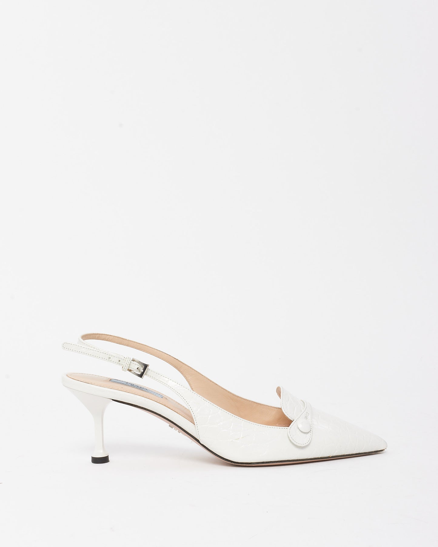 Prada Vintage White Croc Embossed Leather Slingback Pointed Toe Heels - 38.5