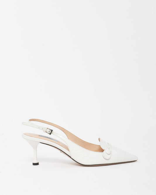 Prada Vintage White Croc Embossed Leather Slingback Pointed Toe Heels - 38.5