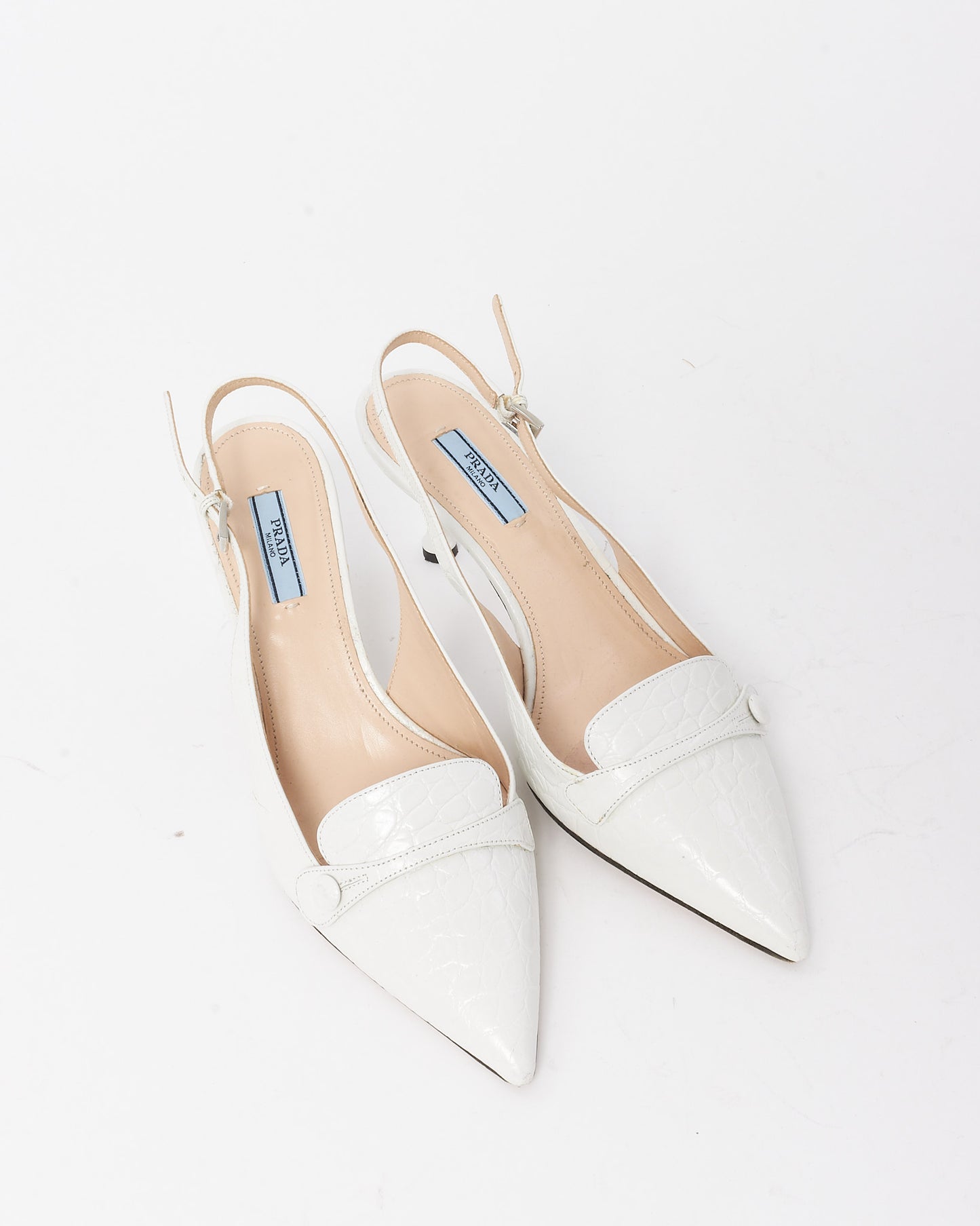 Prada Vintage White Croc Embossed Leather Slingback Pointed Toe Heels - 38.5