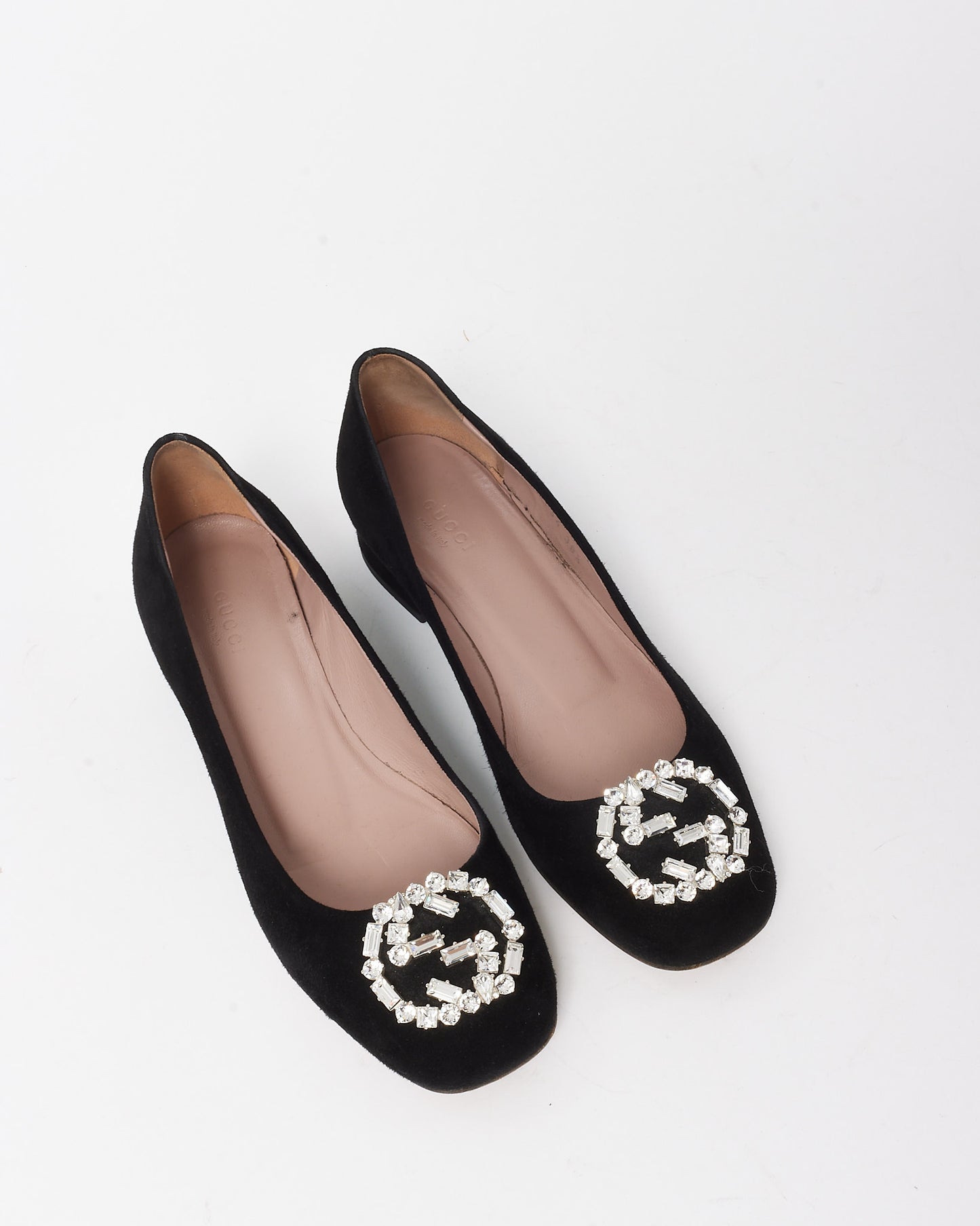 Gucci Black Suede Crystal Interlocking G Block Heel Pumps - 38.5