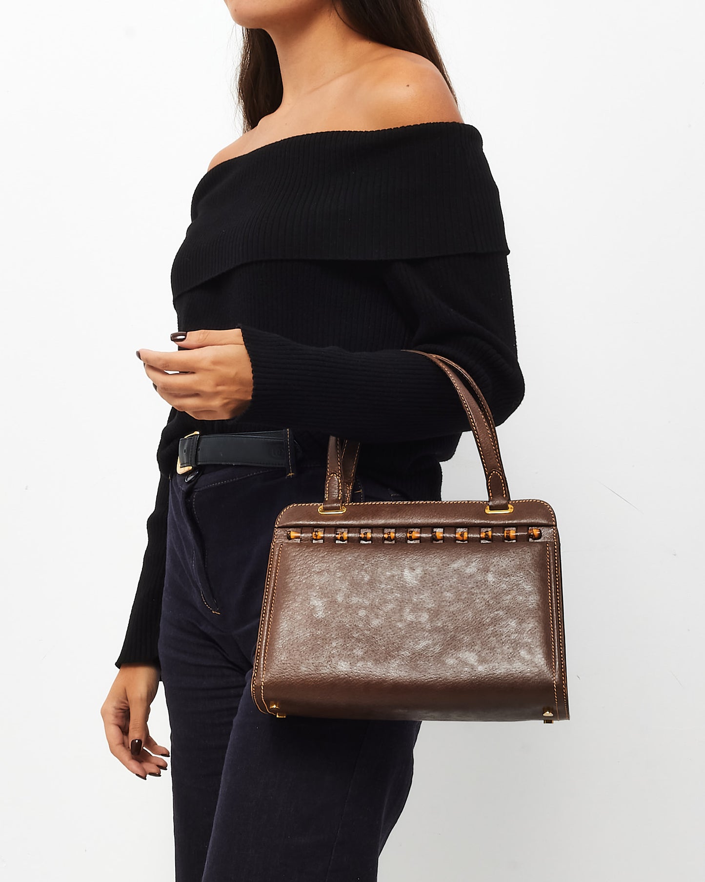 Gucci Vintage Brown Leather Bamboo Detail Top Handle Bag