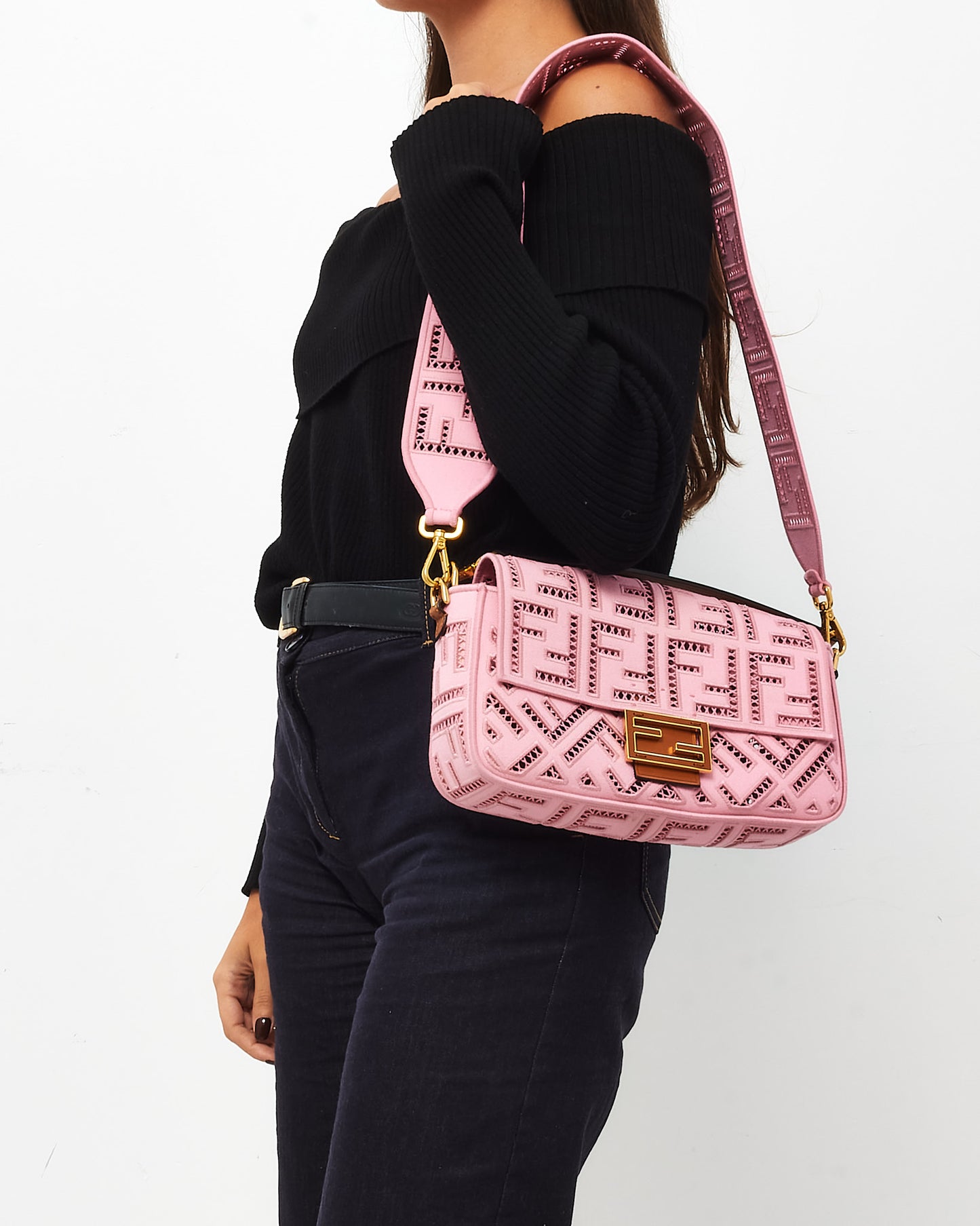Fendi Pink Embroidered and Perforated Canvas Openwork FF Medium Baguette Bag with Strap
