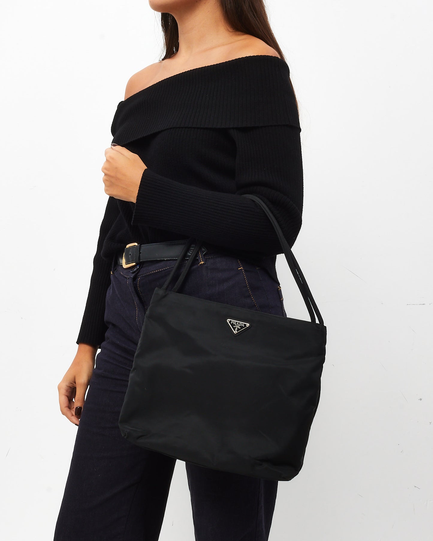 Prada Black Tessuto Nylon Logo Double Strap Shoulder Bag