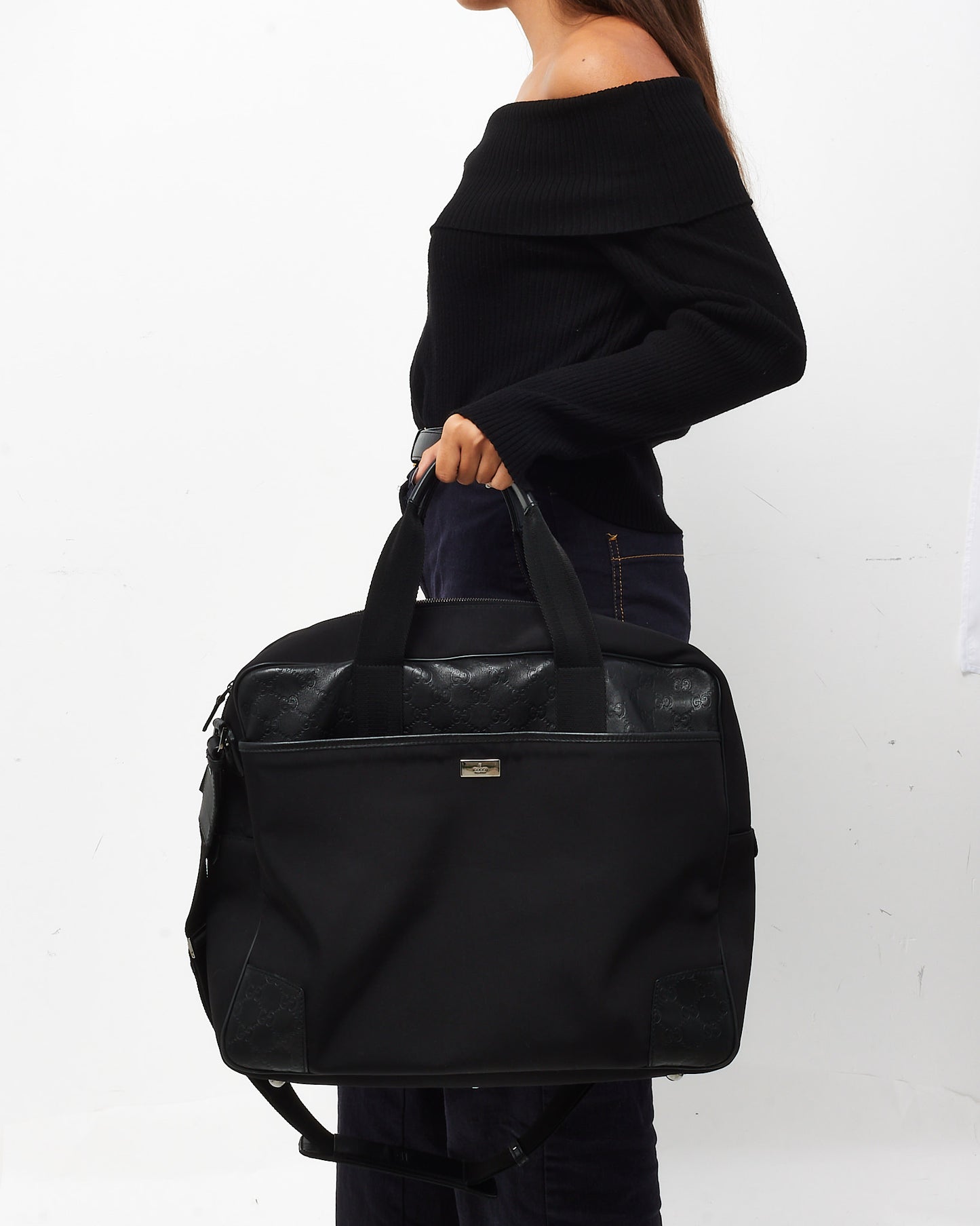 Gucci Vintage Black Guccissima Embossed Leather and Nylon Travel Bag