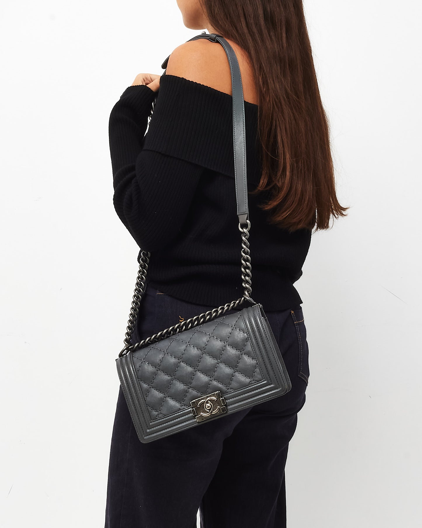 Chanel Dark Grey Quilted Caviar Leather Old Medium Boy Bag