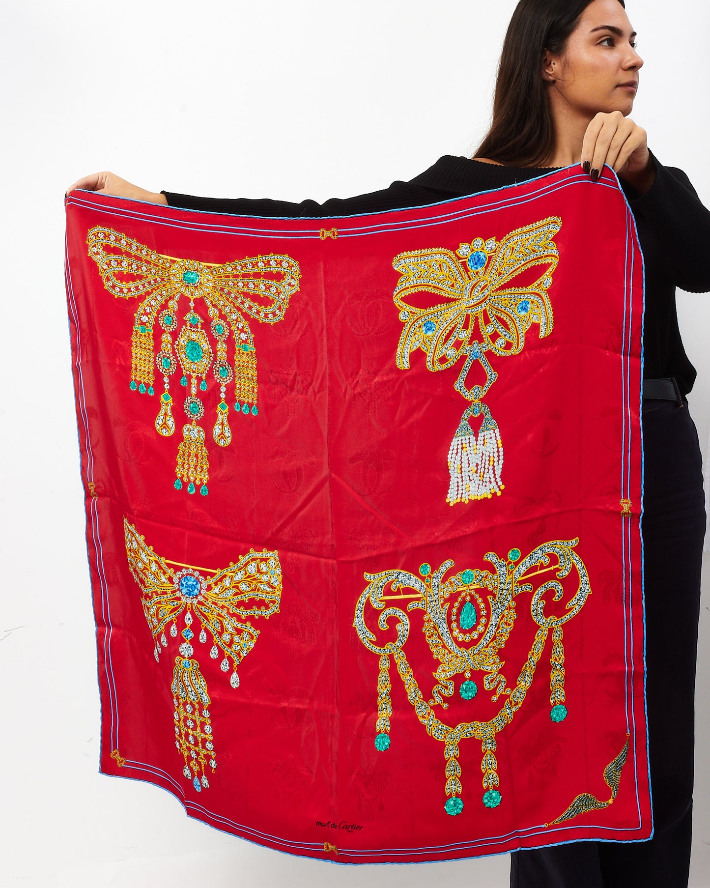 Cartier Vintage Must de Cartier Red/Gold Jewel Bowtie Pinted Silk Scarf