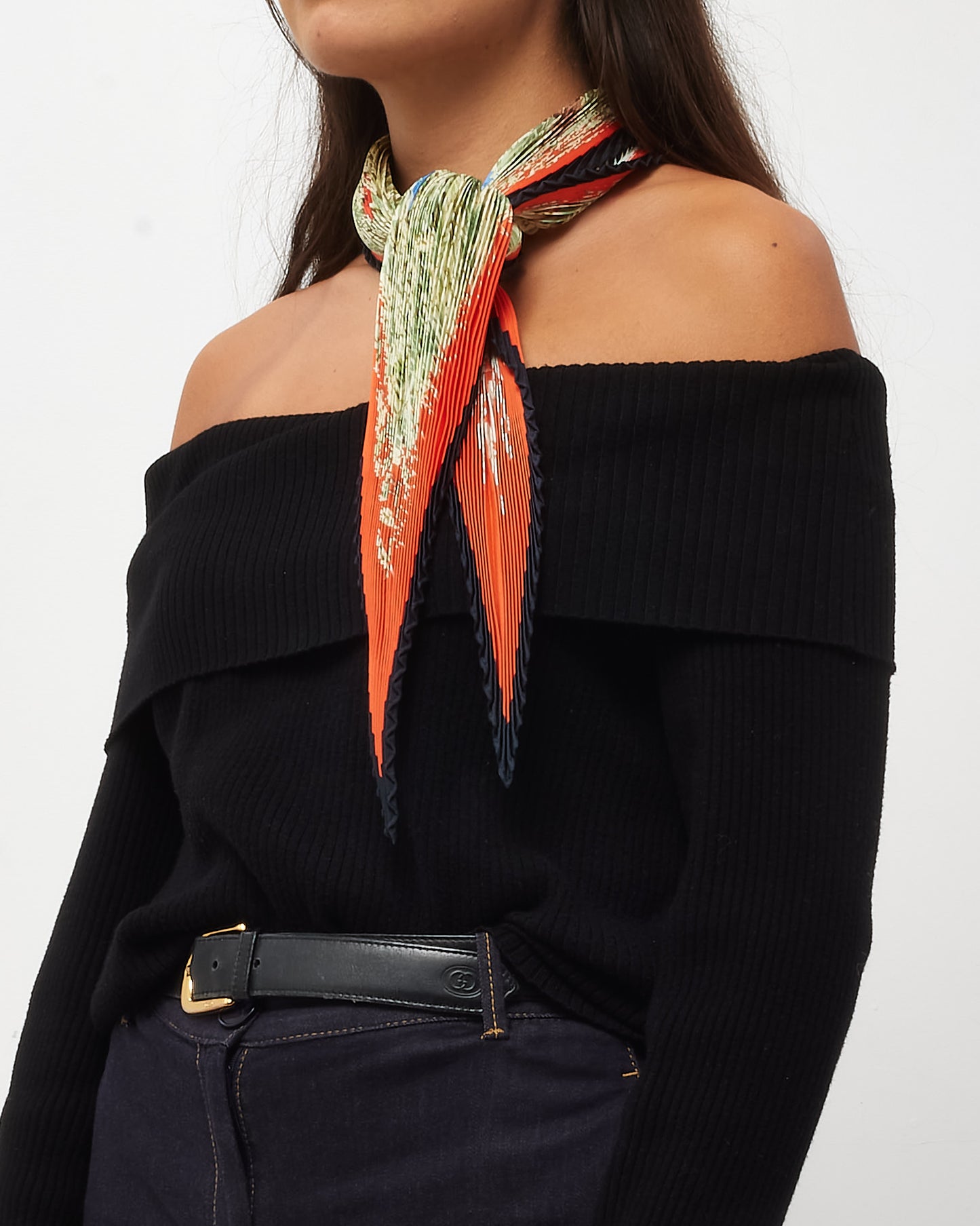 Hermès Orange/Green/Navy Multi Plissé Noel Faubourg Triangular Scarf