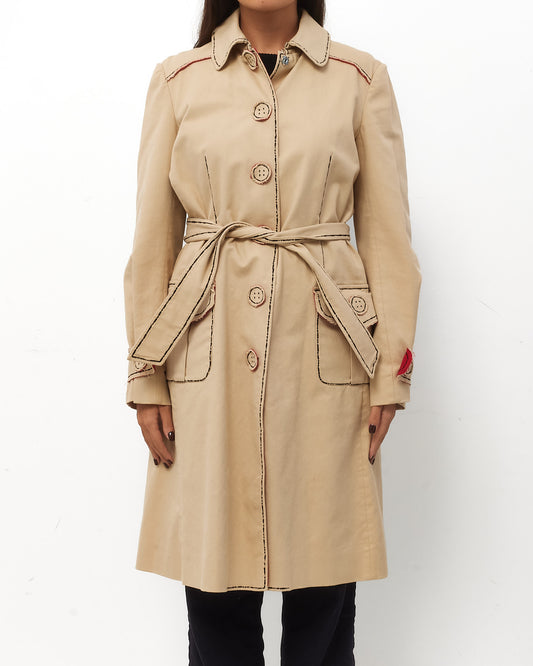 Moschino Beige Red Interior with Black Stitching Canvas Mid Belted Trench Coat - 10