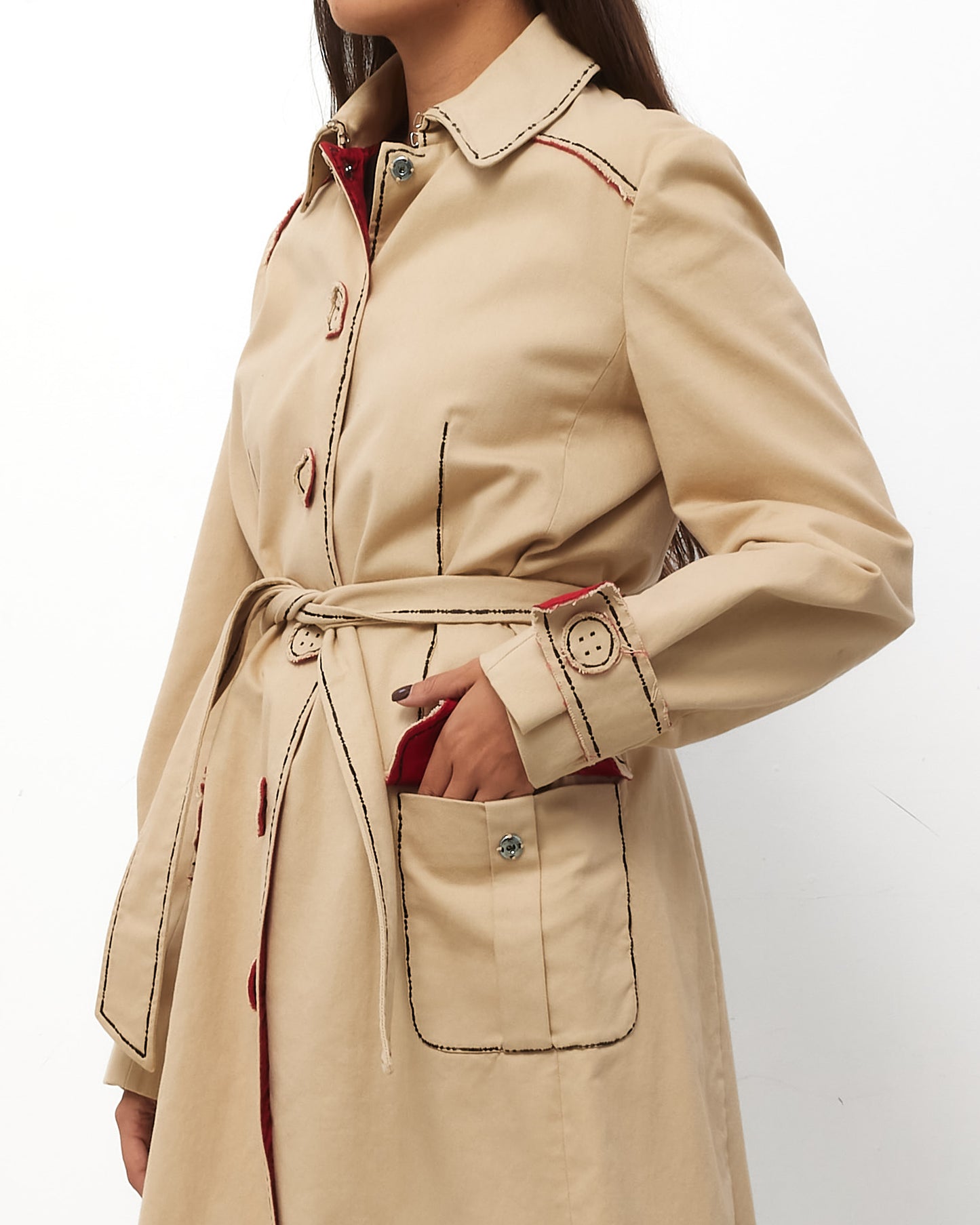 Moschino Beige Red Interior with Black Stitching Canvas Mid Belted Trench Coat - 10