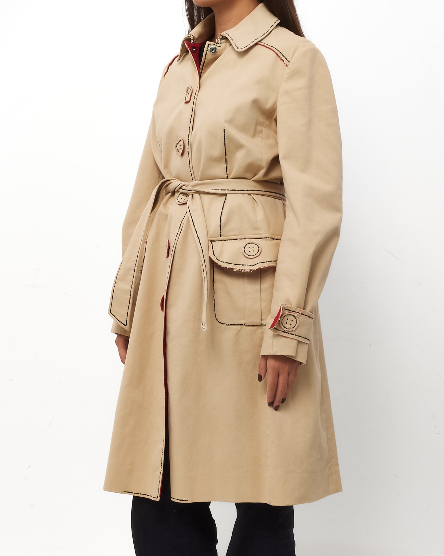 Moschino Beige Red Interior with Black Stitching Canvas Mid Belted Trench Coat - 10