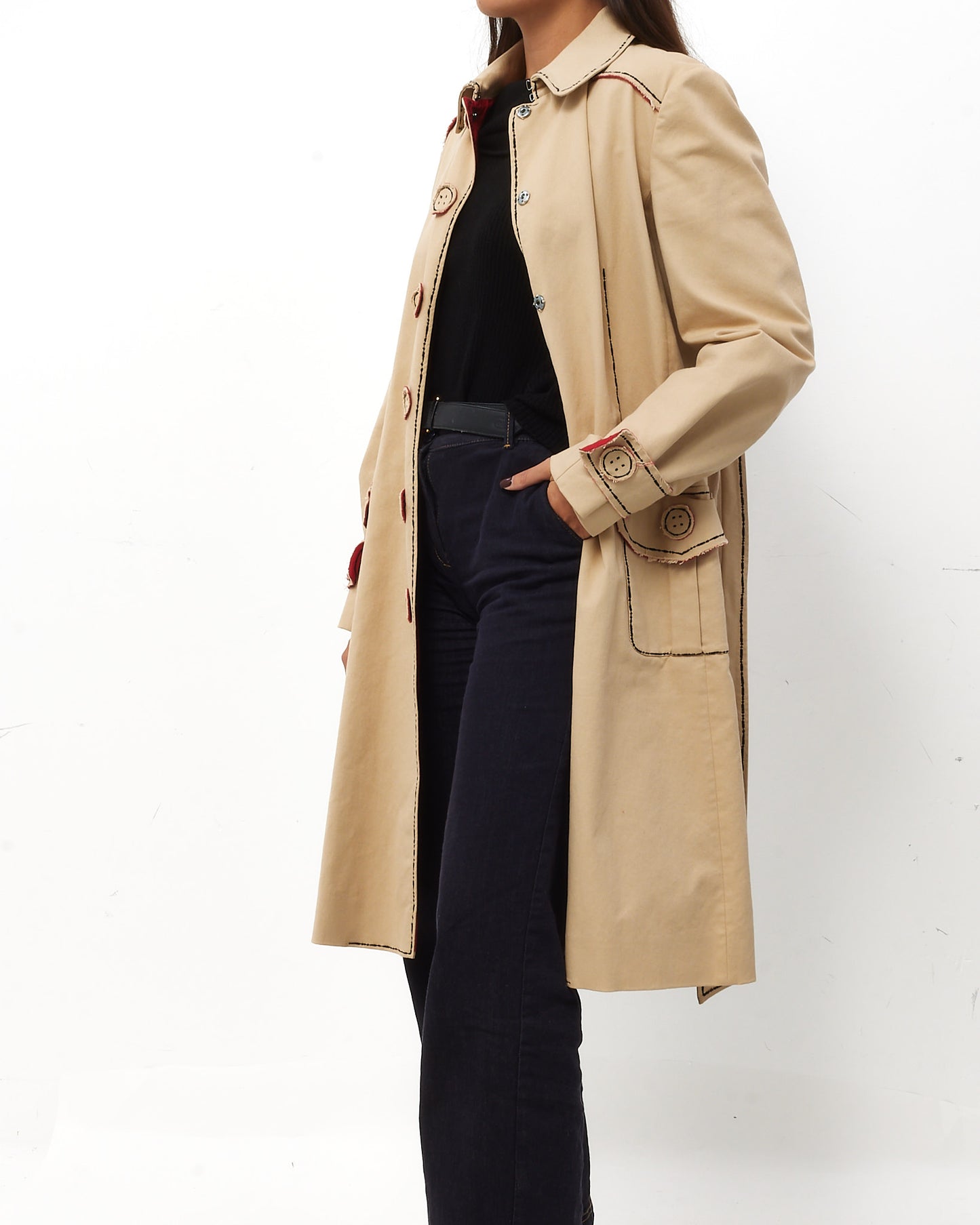Moschino Beige Red Interior with Black Stitching Canvas Mid Belted Trench Coat - 10