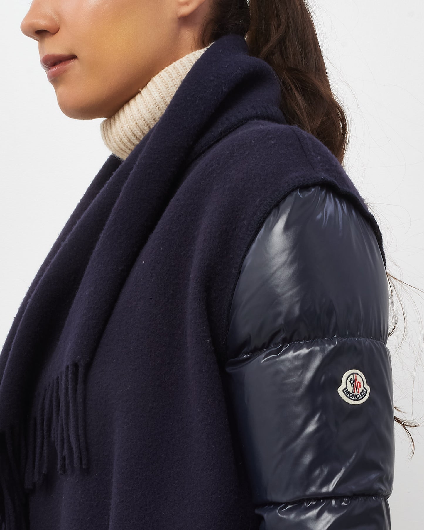 Moncler Navy Wool Fringe Mantella Down Puffer Jacket - M