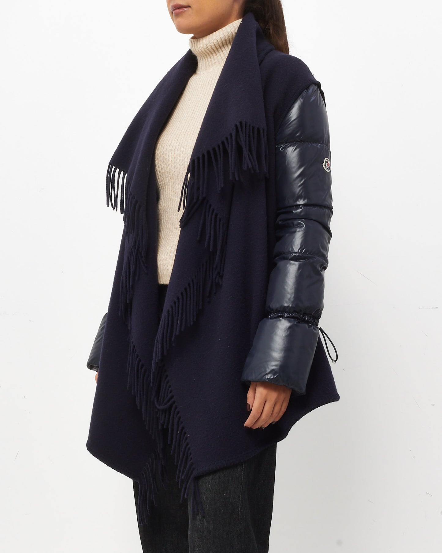 Moncler Navy Wool Fringe Mantella Down Puffer Jacket - M