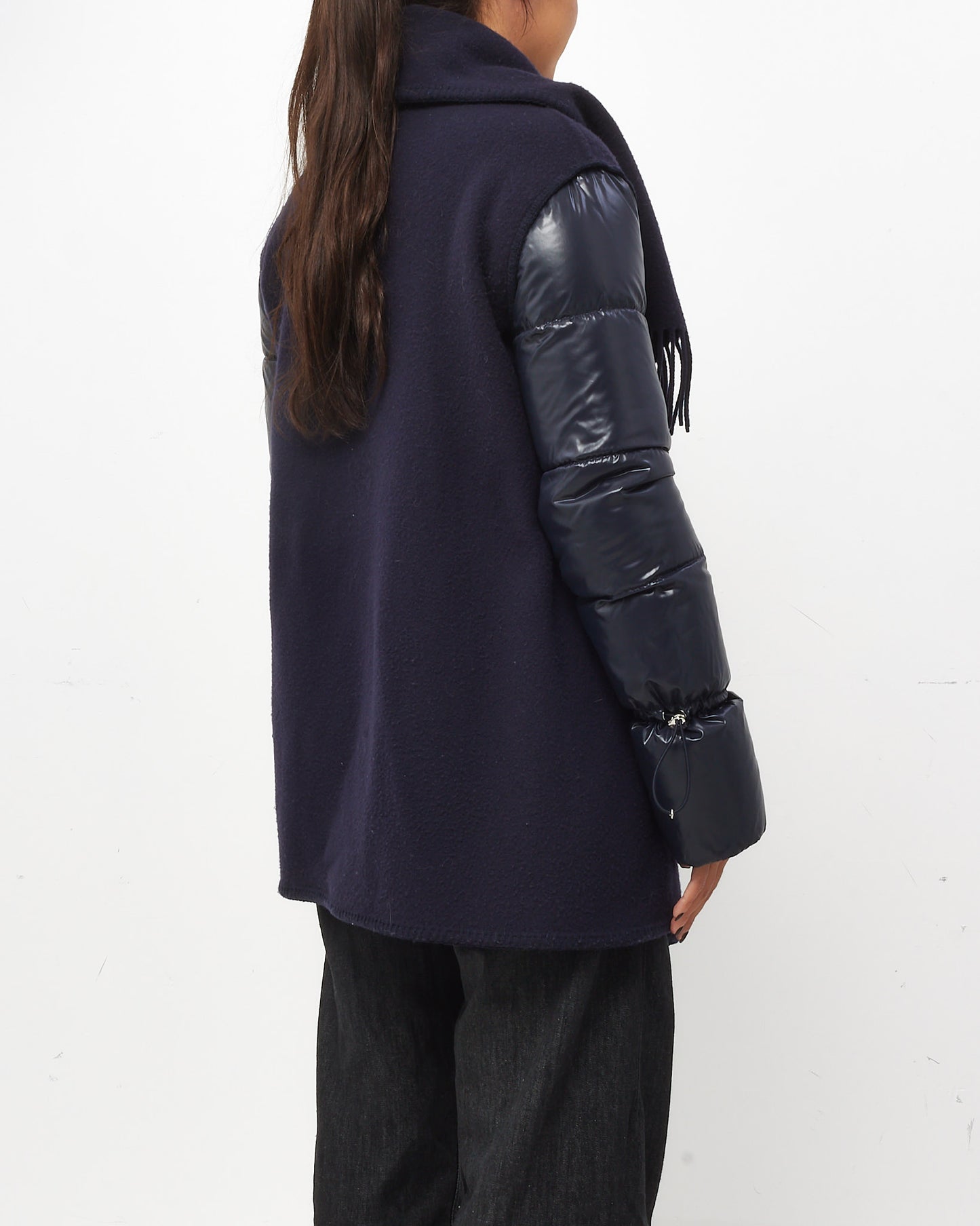 Moncler Navy Wool Fringe Mantella Down Puffer Jacket - M