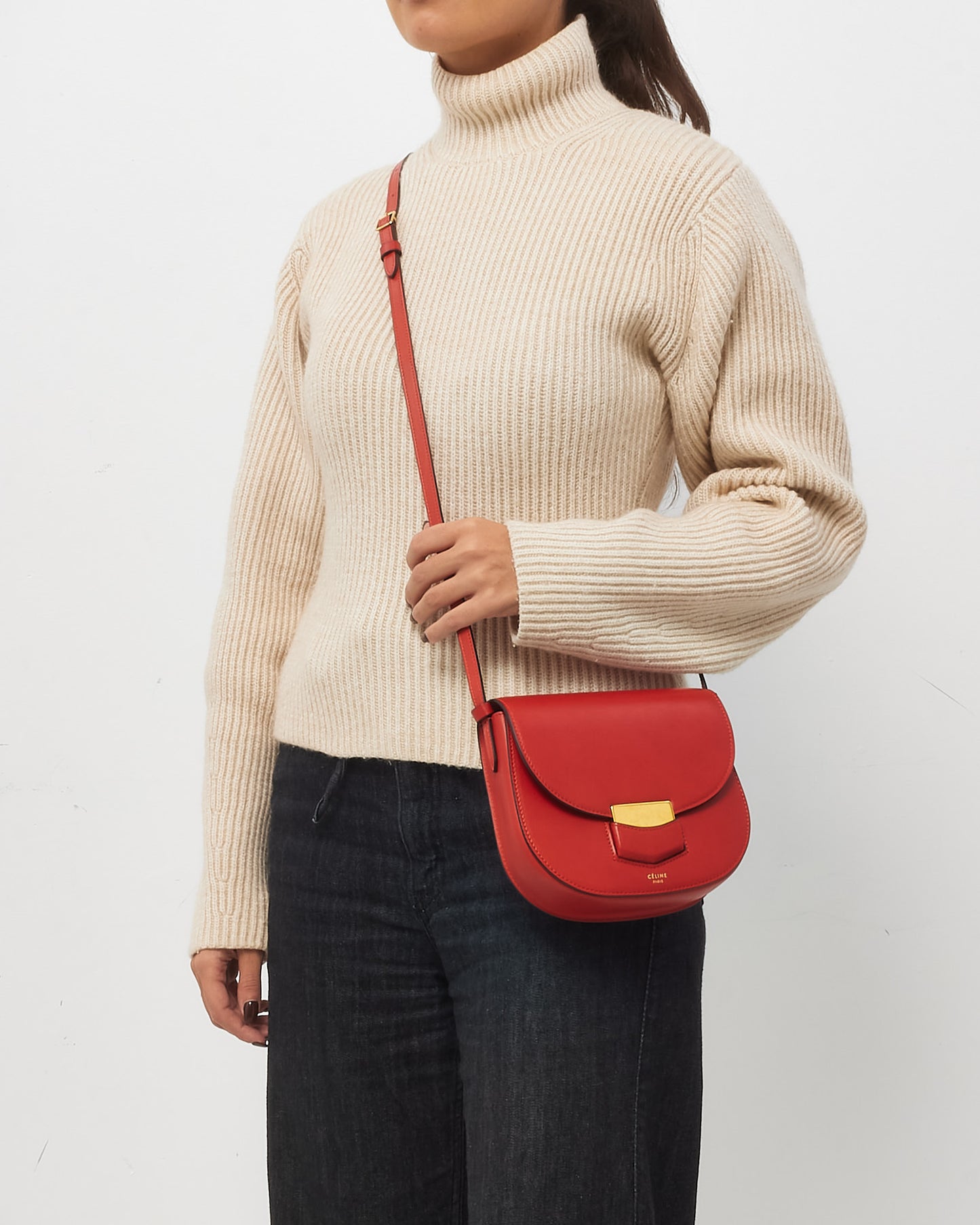 Celine Red Smooth Calfskin Leather Small Trotteur Crossbody Bag