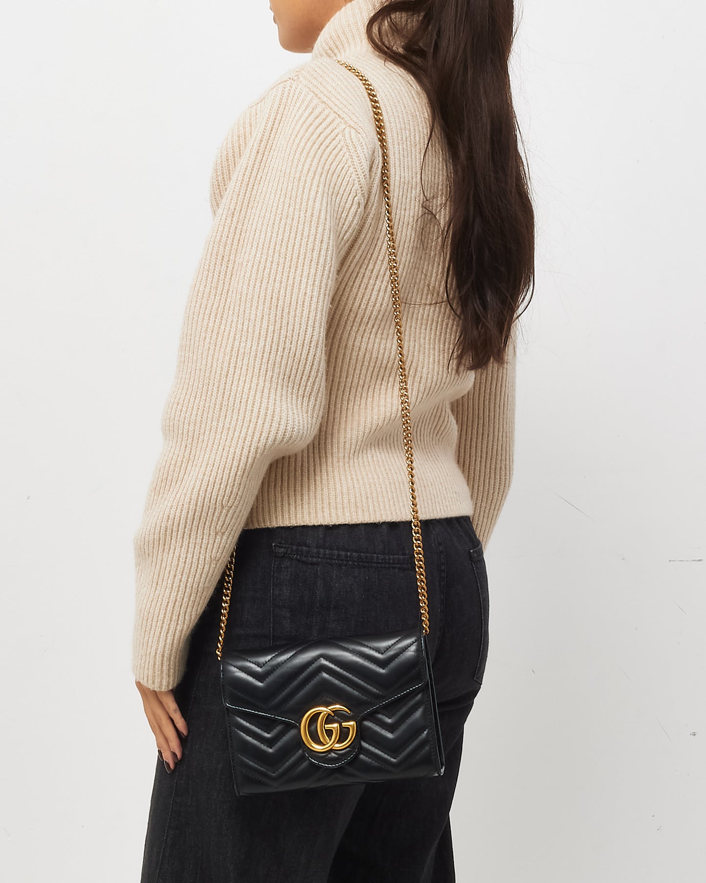 Gucci Black Chevron Leather GG Marmont (WOC) Wallet On Chain Crossbody Bag