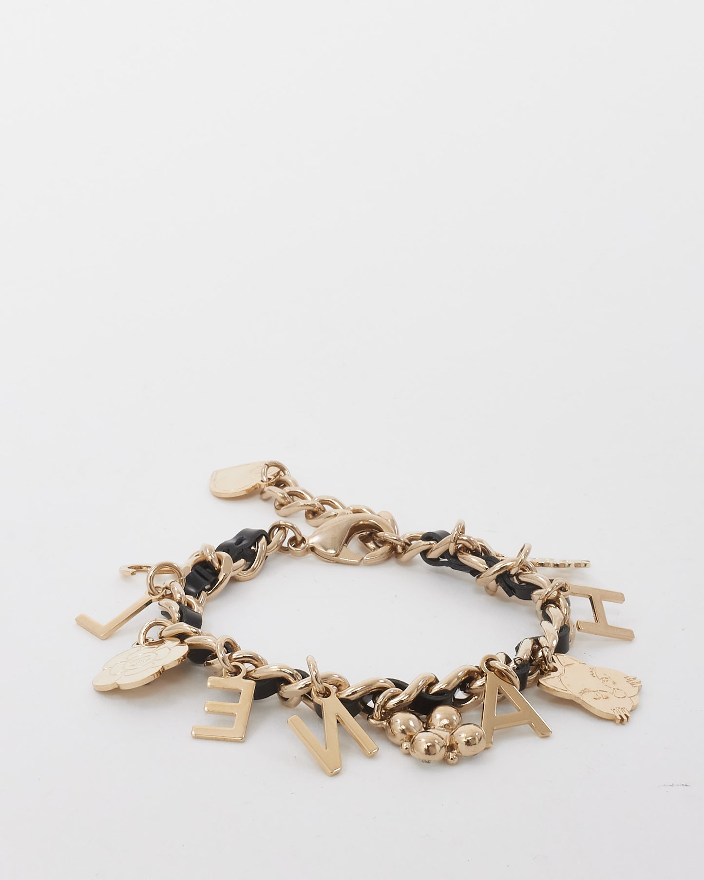 Chanel Light Gold and Black Leather Chain Logo Charm Bracelet