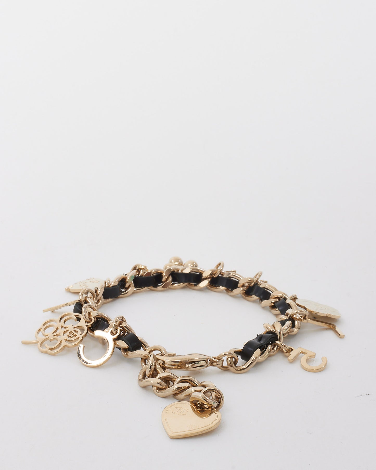 Chanel Light Gold and Black Leather Chain Logo Charm Bracelet