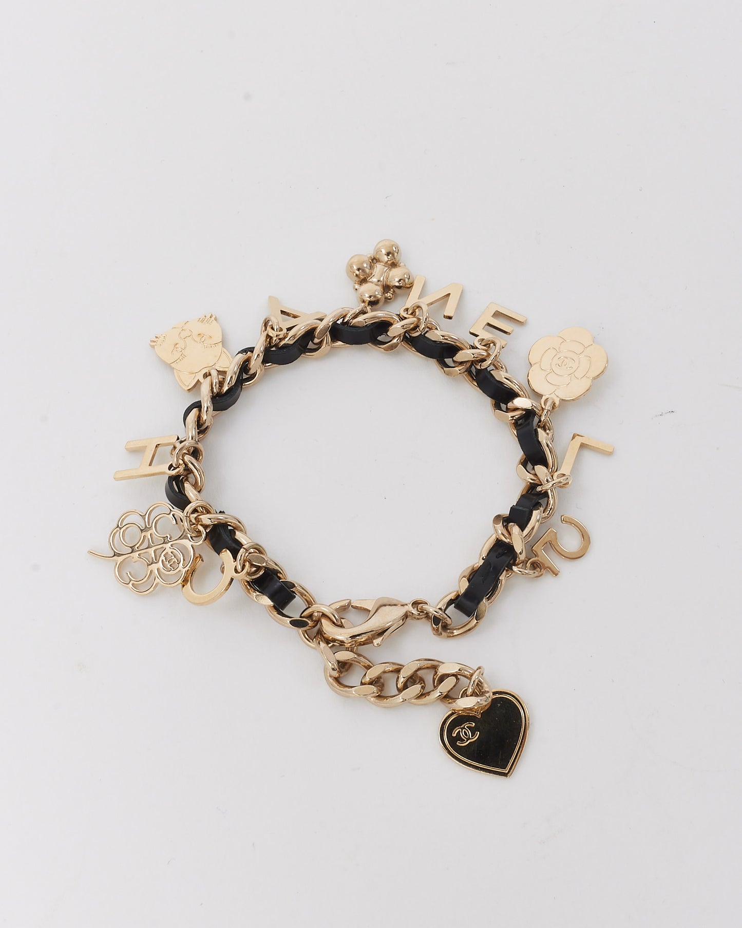Chanel Light Gold and Black Leather Chain Logo Charm Bracelet