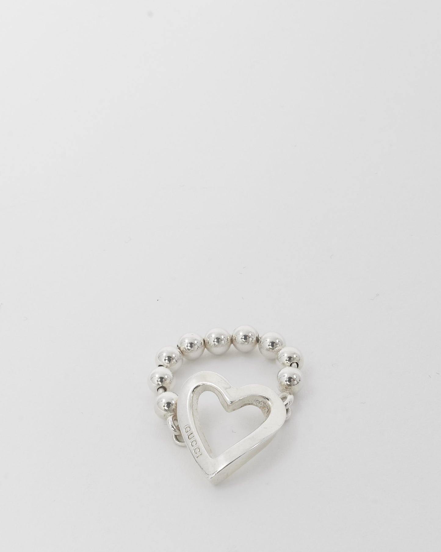 Gucci Sterling Silver Beaded Logo Heart Ring - 7.5