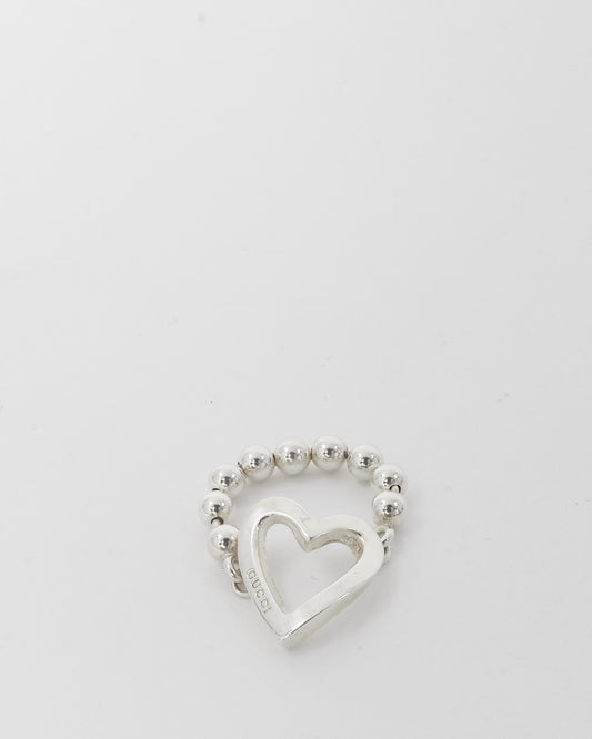 Gucci Sterling Silver Beaded Logo Heart Ring - 7.5