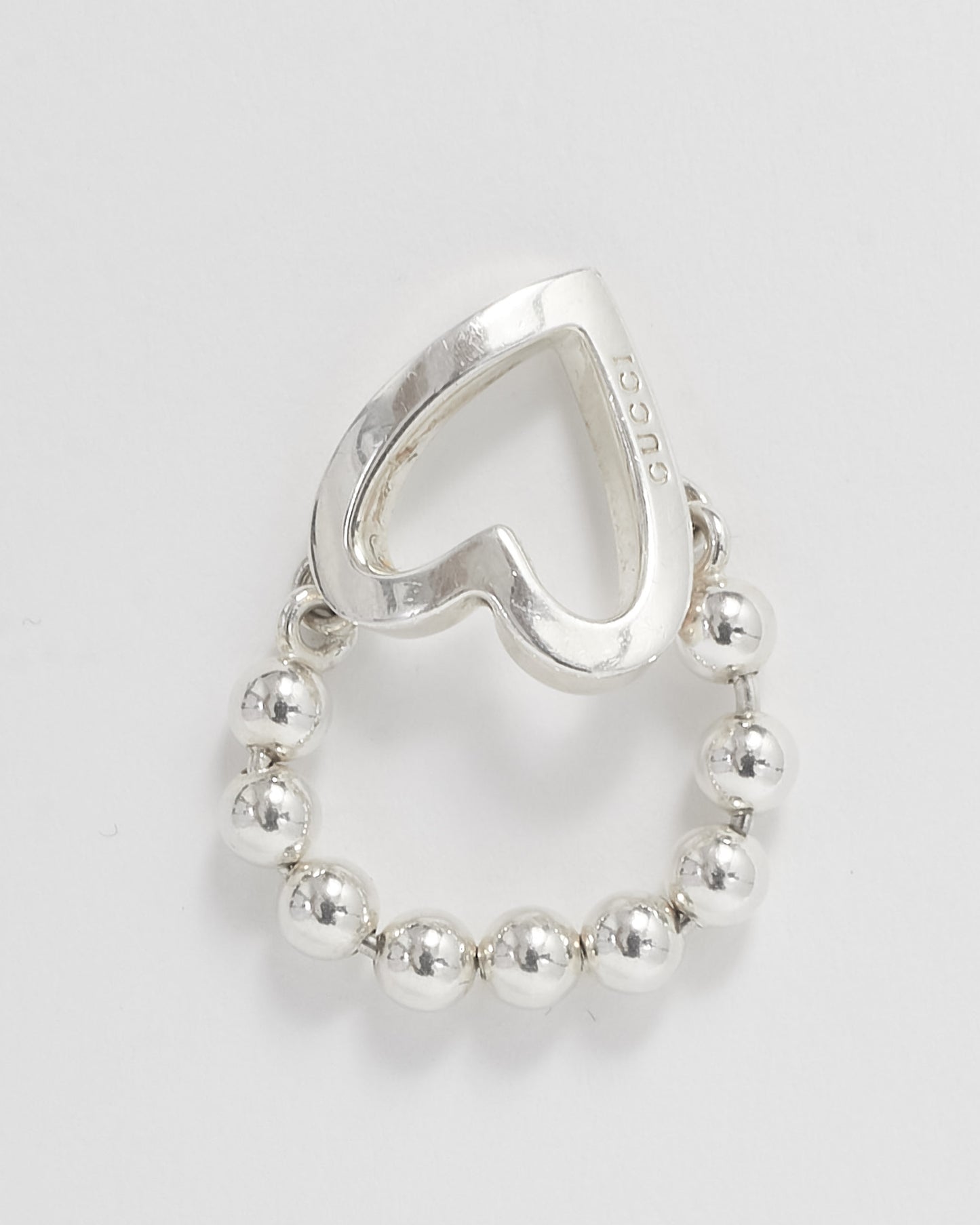 Gucci Sterling Silver Beaded Logo Heart Ring - 7.5