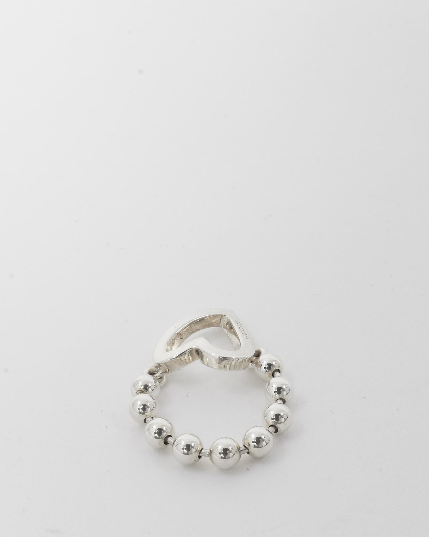 Gucci Sterling Silver Beaded Logo Heart Ring - 7.5