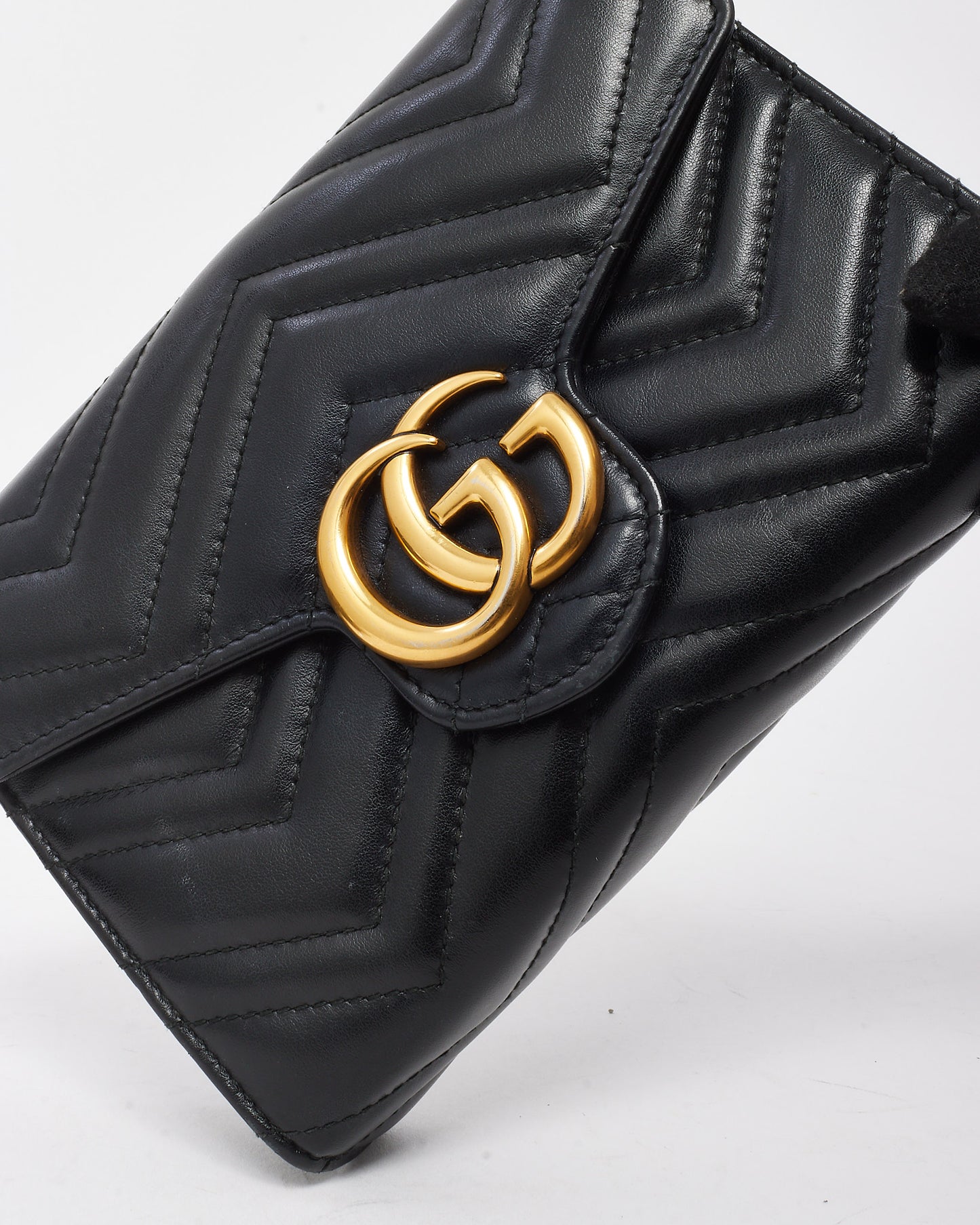 Gucci Black Chevron Leather GG Marmont (WOC) Wallet On Chain Crossbody Bag