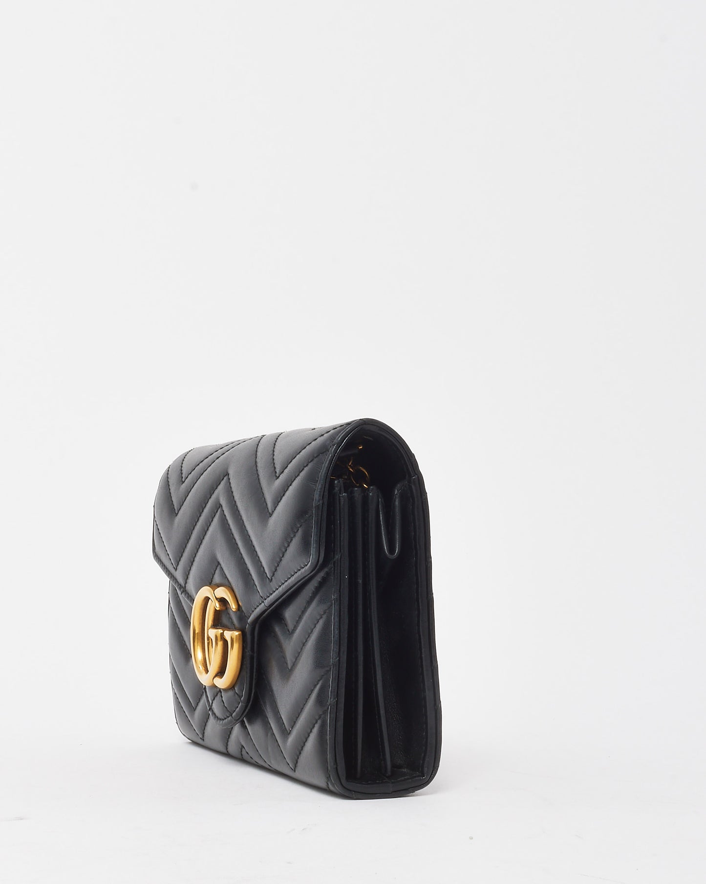 Gucci Black Chevron Leather GG Marmont (WOC) Wallet On Chain Crossbody Bag