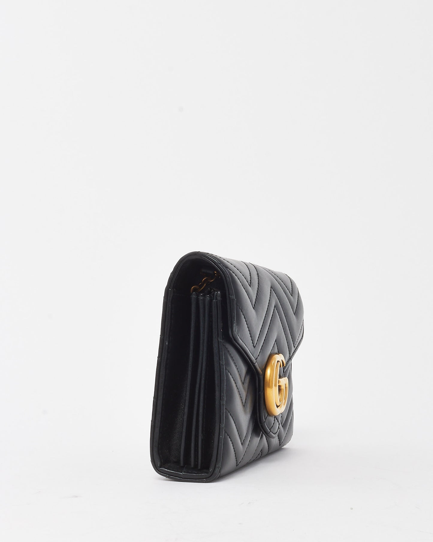 Gucci Black Chevron Leather GG Marmont (WOC) Wallet On Chain Crossbody Bag