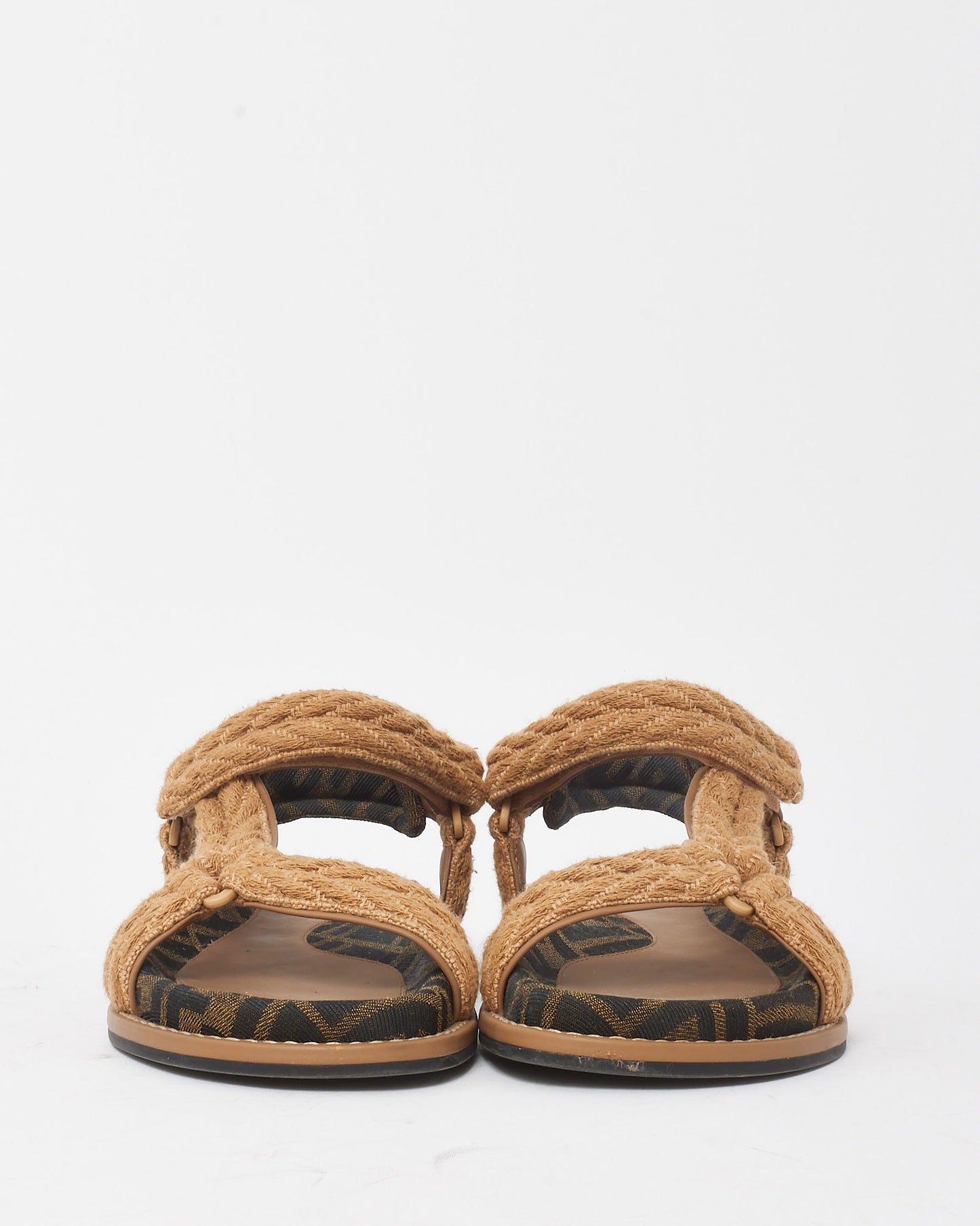 Fendi Beige Braided and Brown FF Zucca Fabric Fendi Feel Sandals - 35
