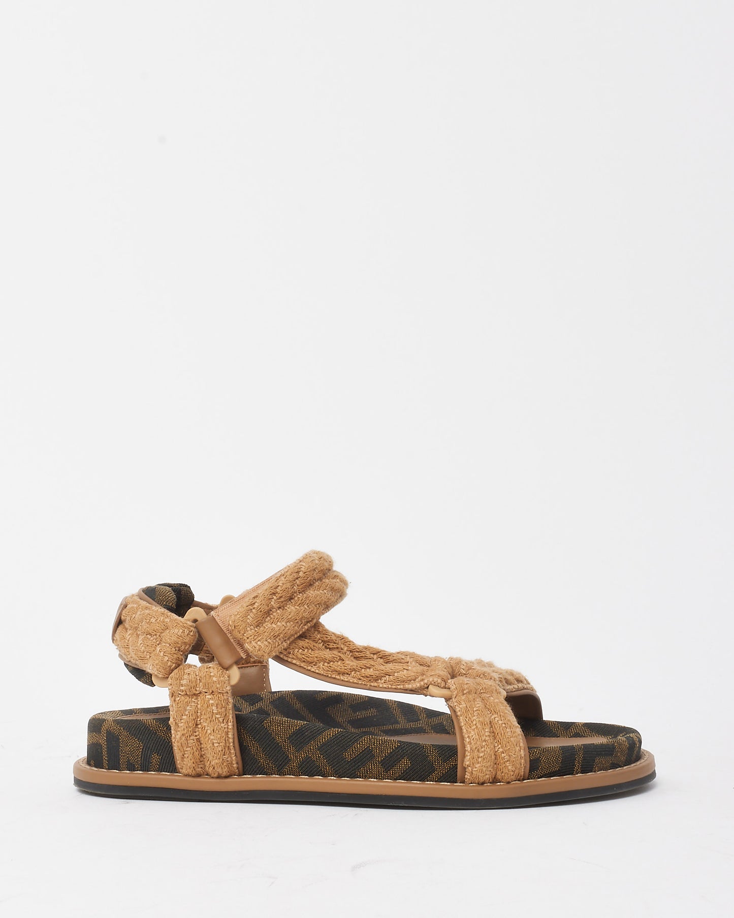 Fendi Beige Braided and Brown FF Zucca Fabric Fendi Feel Sandals - 35