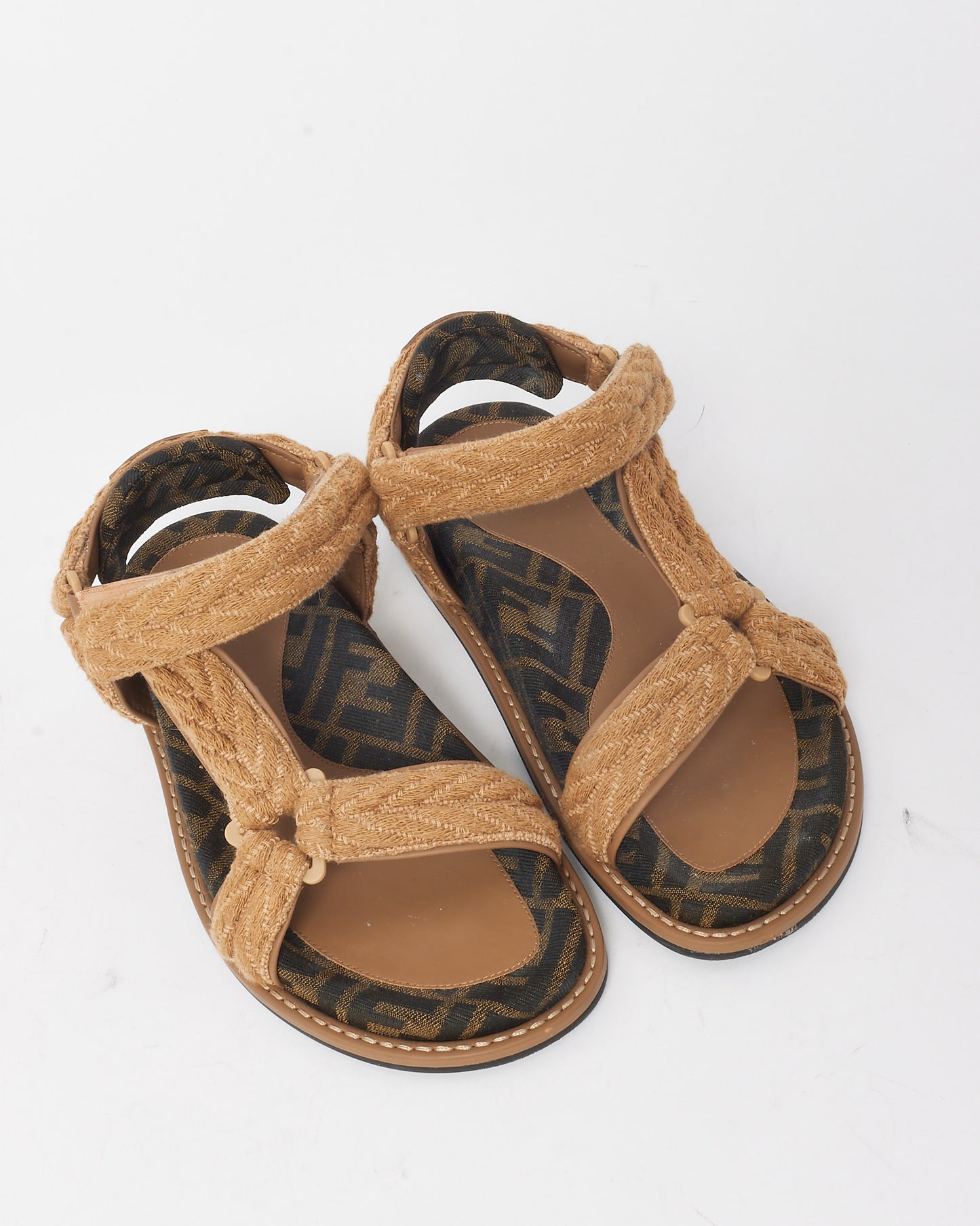 Fendi Beige Braided and Brown FF Zucca Fabric Fendi Feel Sandals - 35