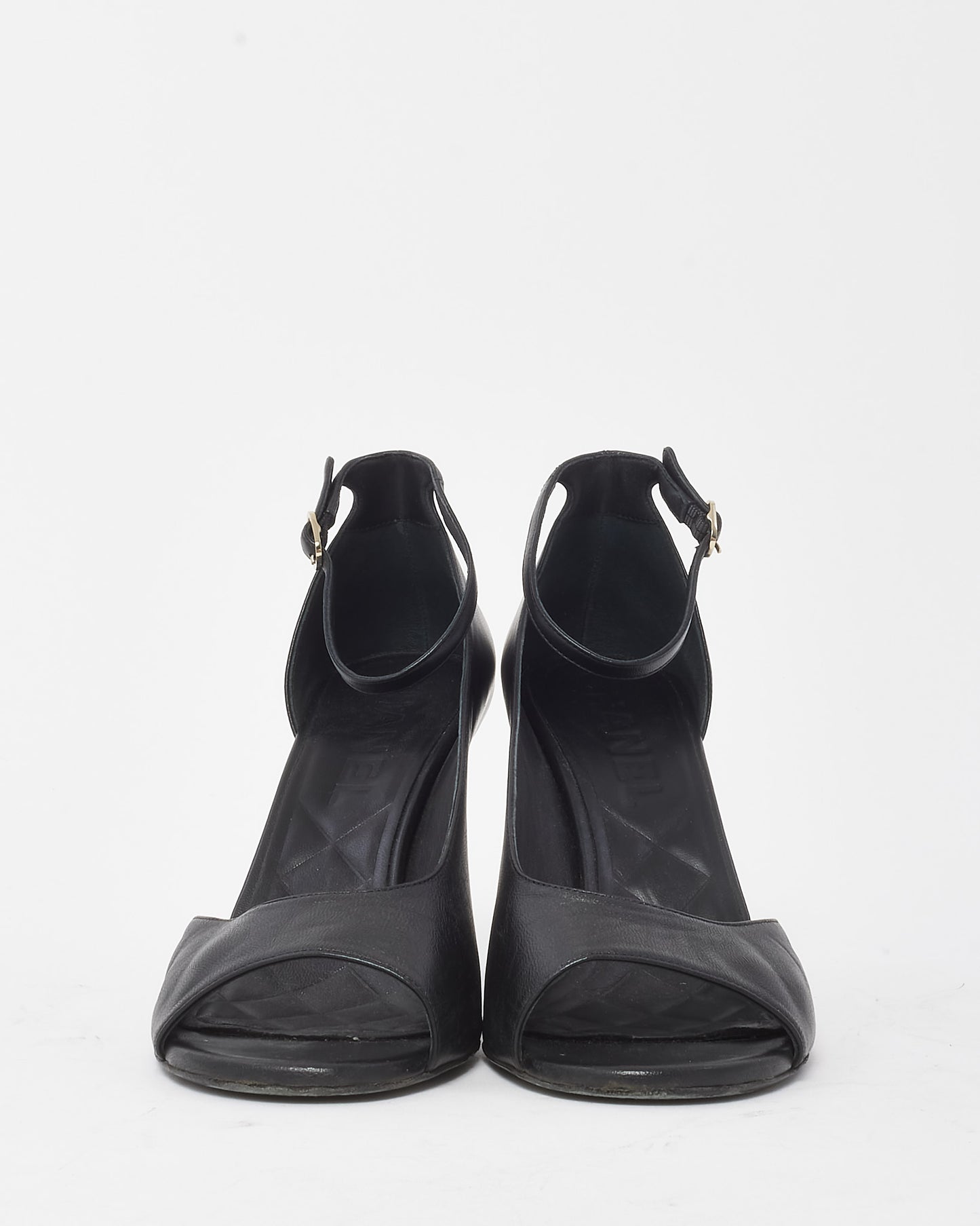 Chanel Black Leather CC Logo Ankle Strap Open Toe Pumps - 41