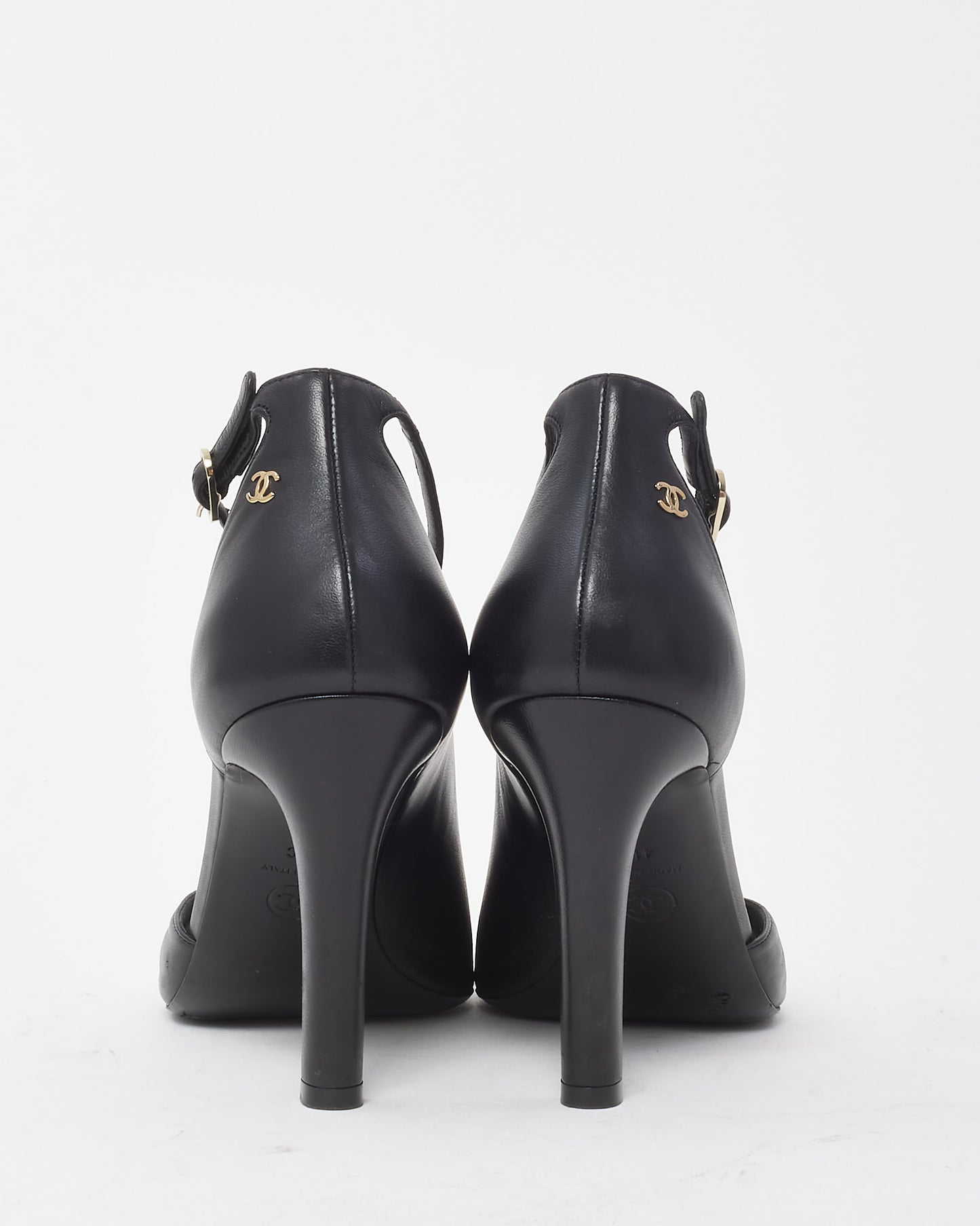 Chanel Black Leather CC Logo Ankle Strap Open Toe Pumps - 41