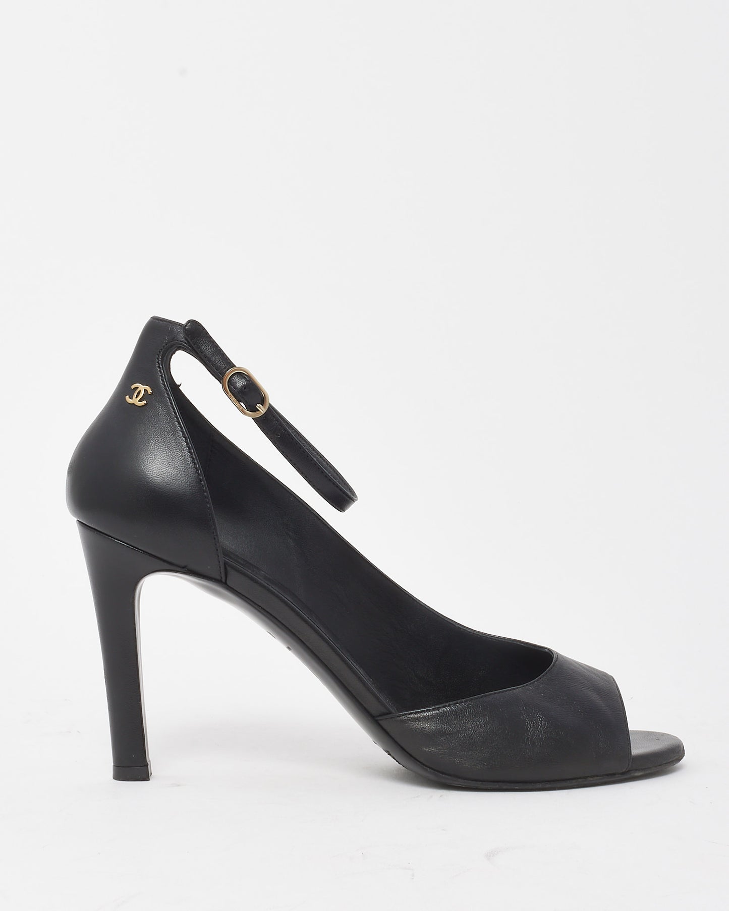 Chanel Black Leather CC Logo Ankle Strap Open Toe Pumps - 41