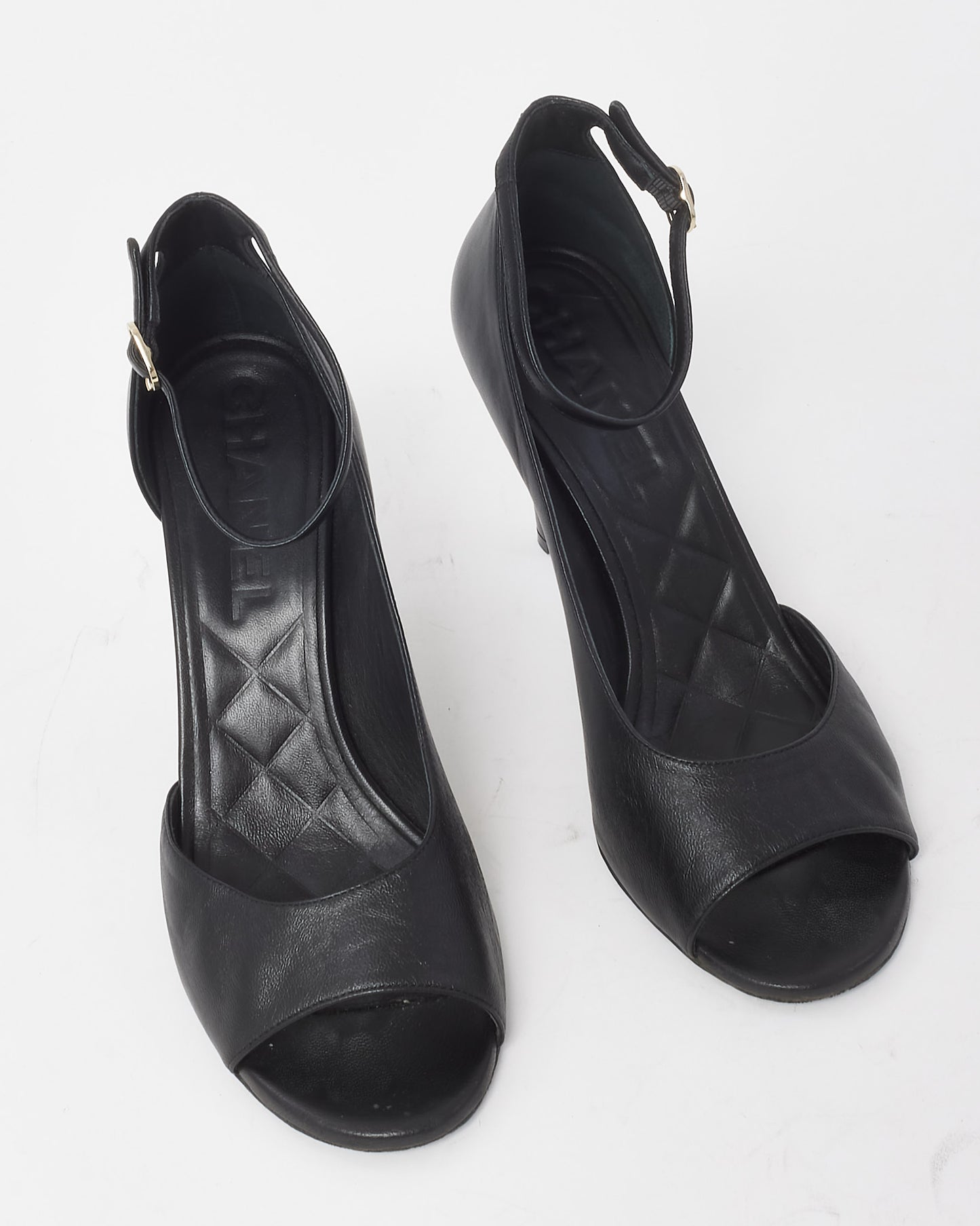 Chanel Black Leather CC Logo Ankle Strap Open Toe Pumps - 41